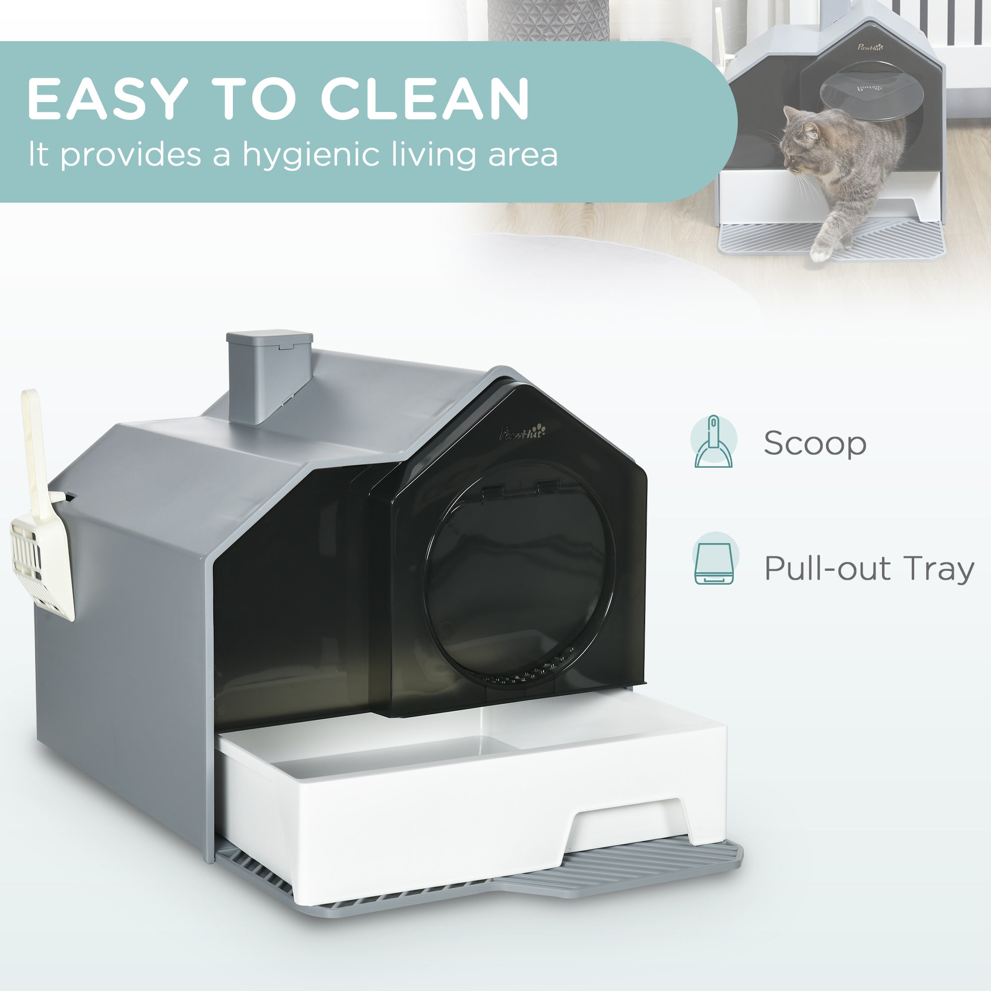 PawHut Hooded Cat Litter Tray with Scoop, Cat Litter Box with Drawer Pan, Handle, Deodorants, Hut Design, Front Entrance, 47 x 45 x 42cm - Grey - North Peak Garden Furniture