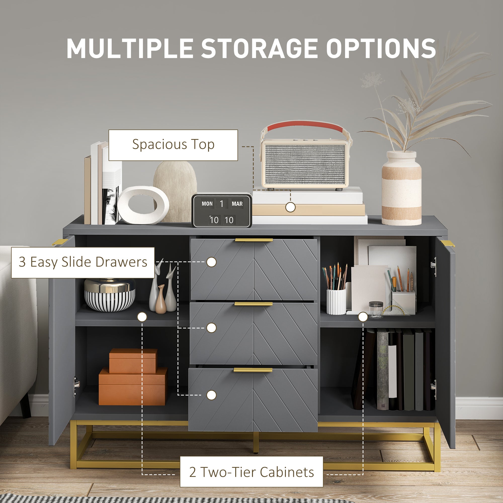 HOMCOM Sideboard with 3 Drawers and Adjustable Shelves for Living Room - Grey - North Peak Garden Furniture