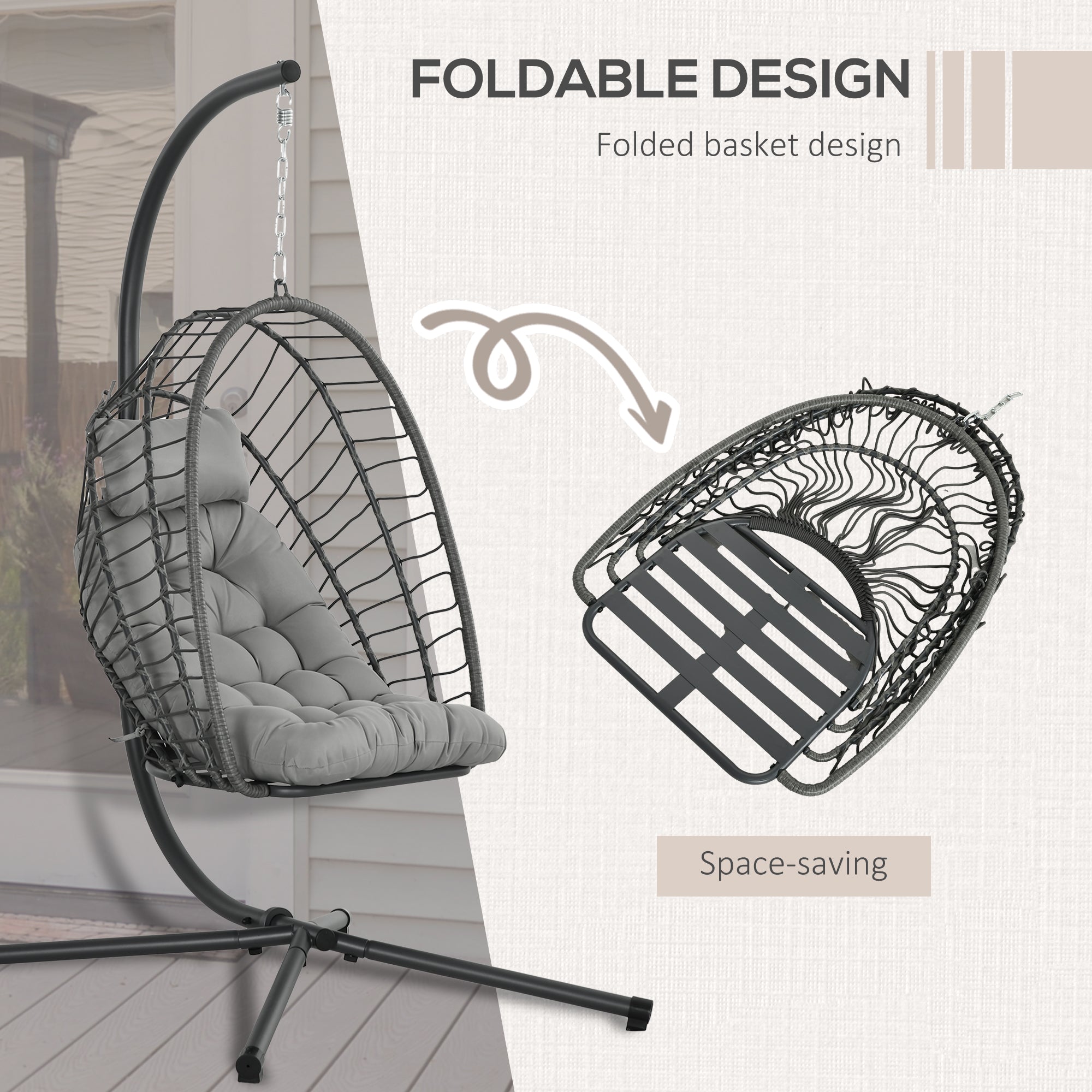 Outsunny Outdoor PE Rattan Swing Chair with Cushion, Garden Foldable Basket Patio Hanging Egg Chair with Metal Stand, Headrest, for Indoor and Outdoor, Light Grey - North Peak Garden Furniture