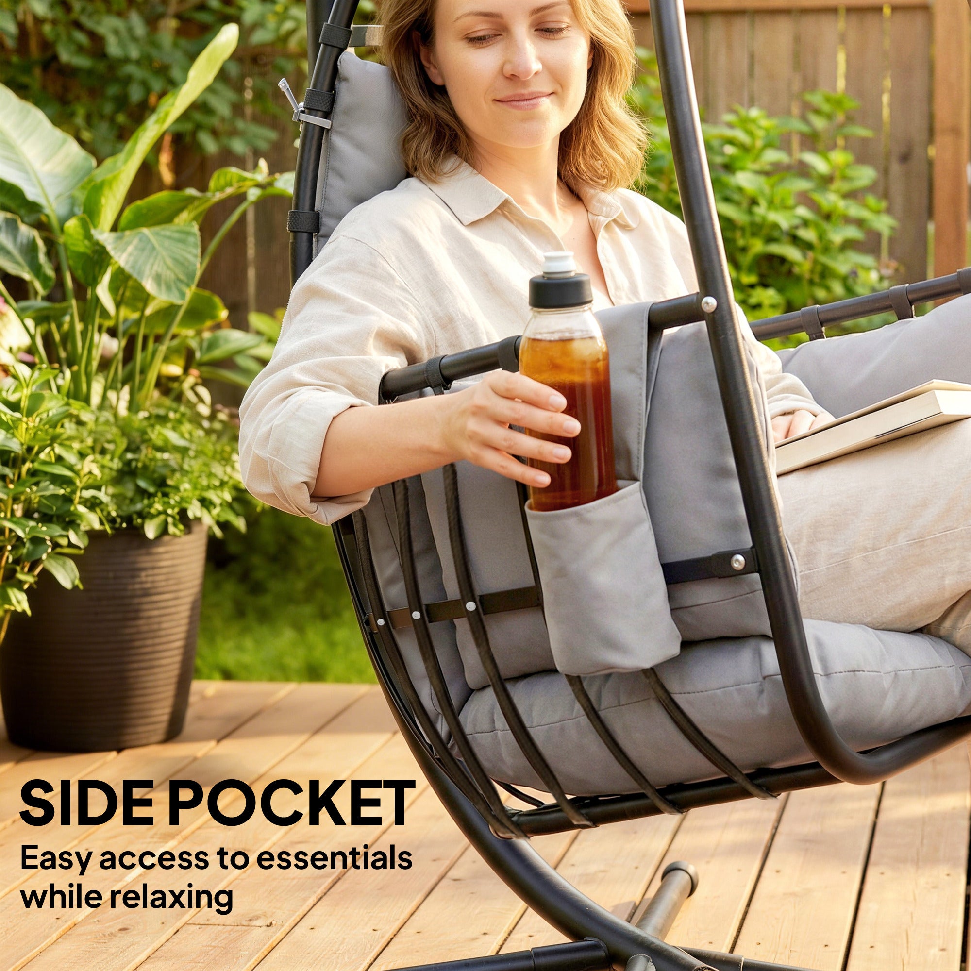 Outsunny Hanging Egg Chair, Indoor Outdoor Swinging Hammock Chair with Stand, Foldable Basket, Side Pocket, Dark Grey