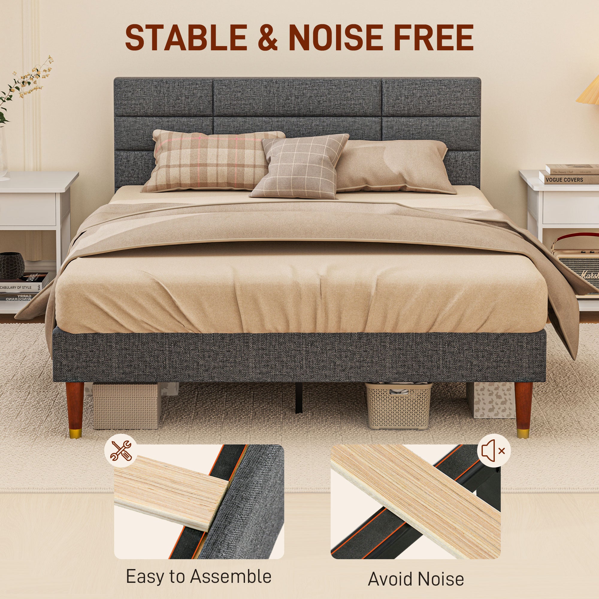HOMCOM Upholstered Double Bed Frame, with Slats - Grey - North Peak Garden Furniture