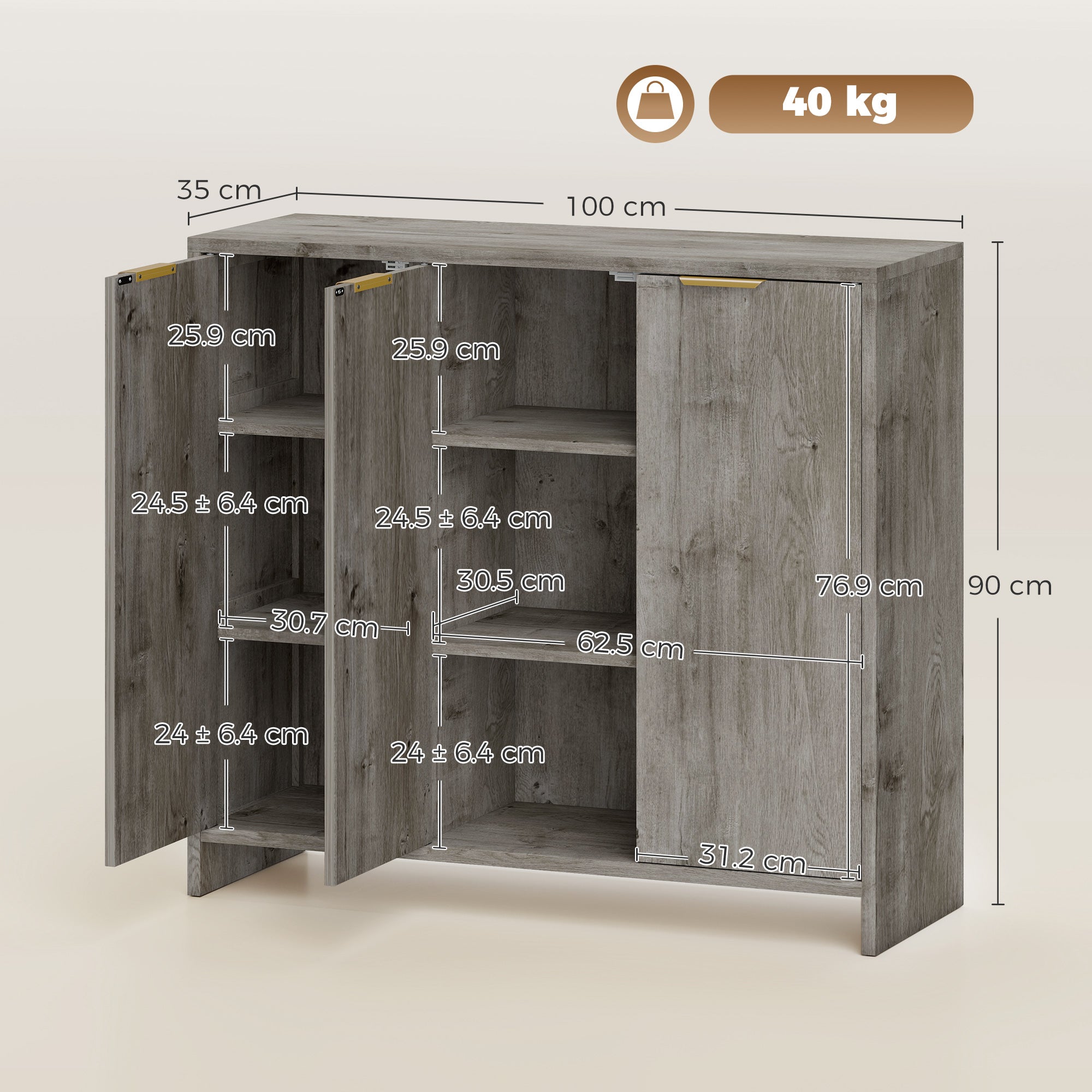 HOMCOM Sideboard Cabinet, Modern Storage Cabinet with 3 Doors and Adjustable Shelves for Living Room, Dining Room, Grey