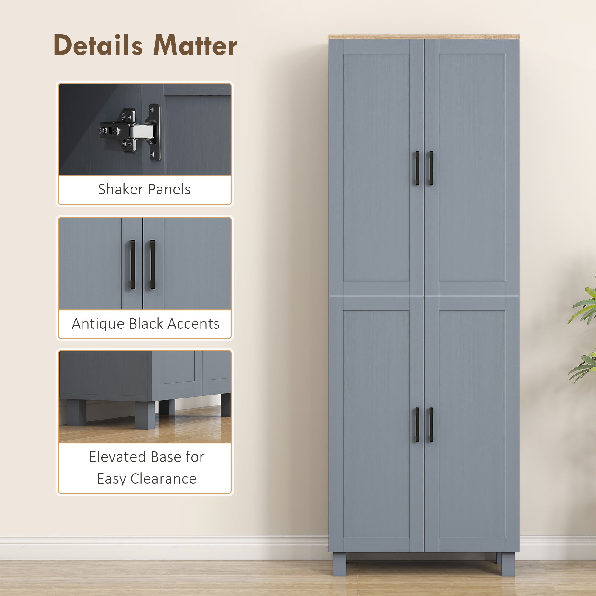 HOMCOM Freestanding Kitchen Cupboard, 4-Door Storage Cabinet with Adjustable Shelves, Modern Kitchen Pantry for Dining Room, 170cm, Grey Wood Effect