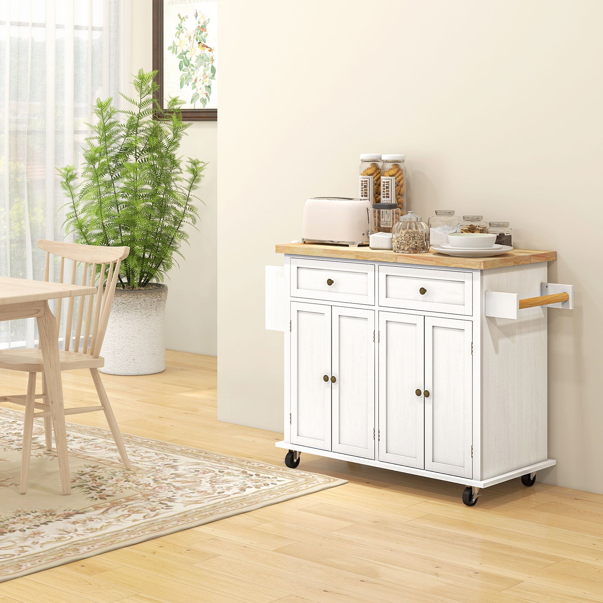 HOMCOM Rolling Kitchen Island Storage Trolley with Rubber Wood Top & Drawers for Dining Room, White - North Peak Garden Furniture