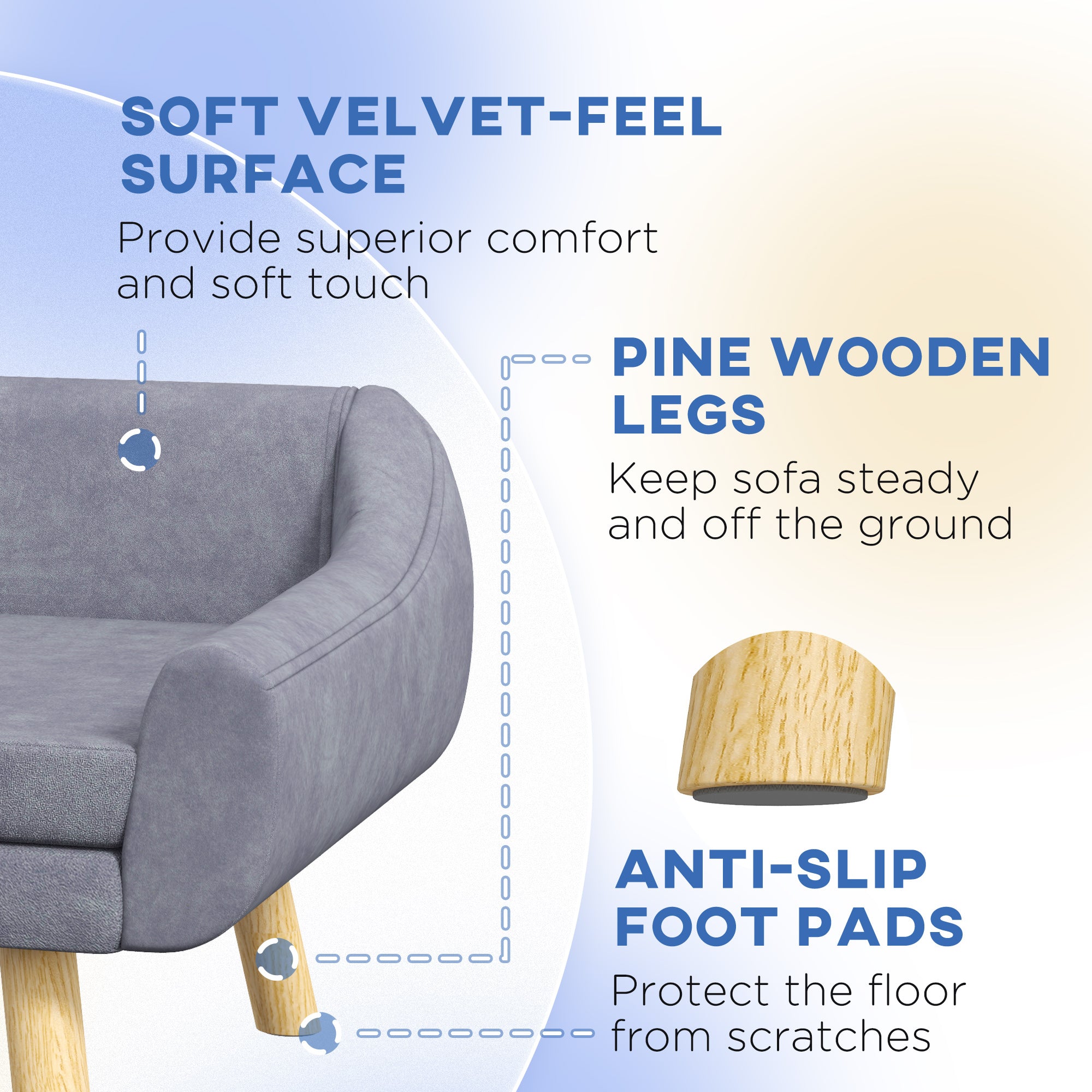 PawHut Dog Couch with Soft Cushion, Pet Sofa Bed with Wooden Frame, Removable Cover, for Medium and Large Dogs, Grey - North Peak Garden Furniture