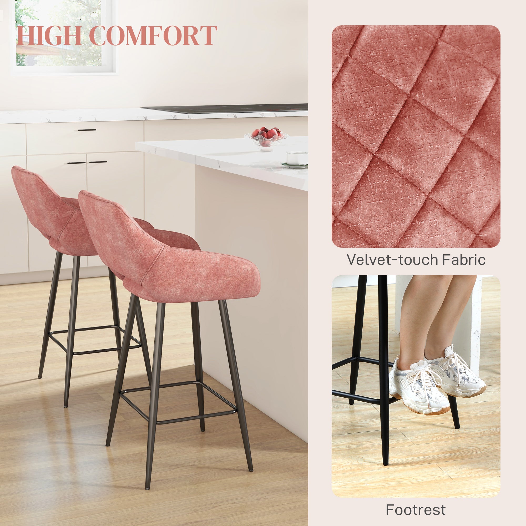 HOMCOM Set of Two Velvet-Feel Bar Stools - Pink - North Peak Garden Furniture
