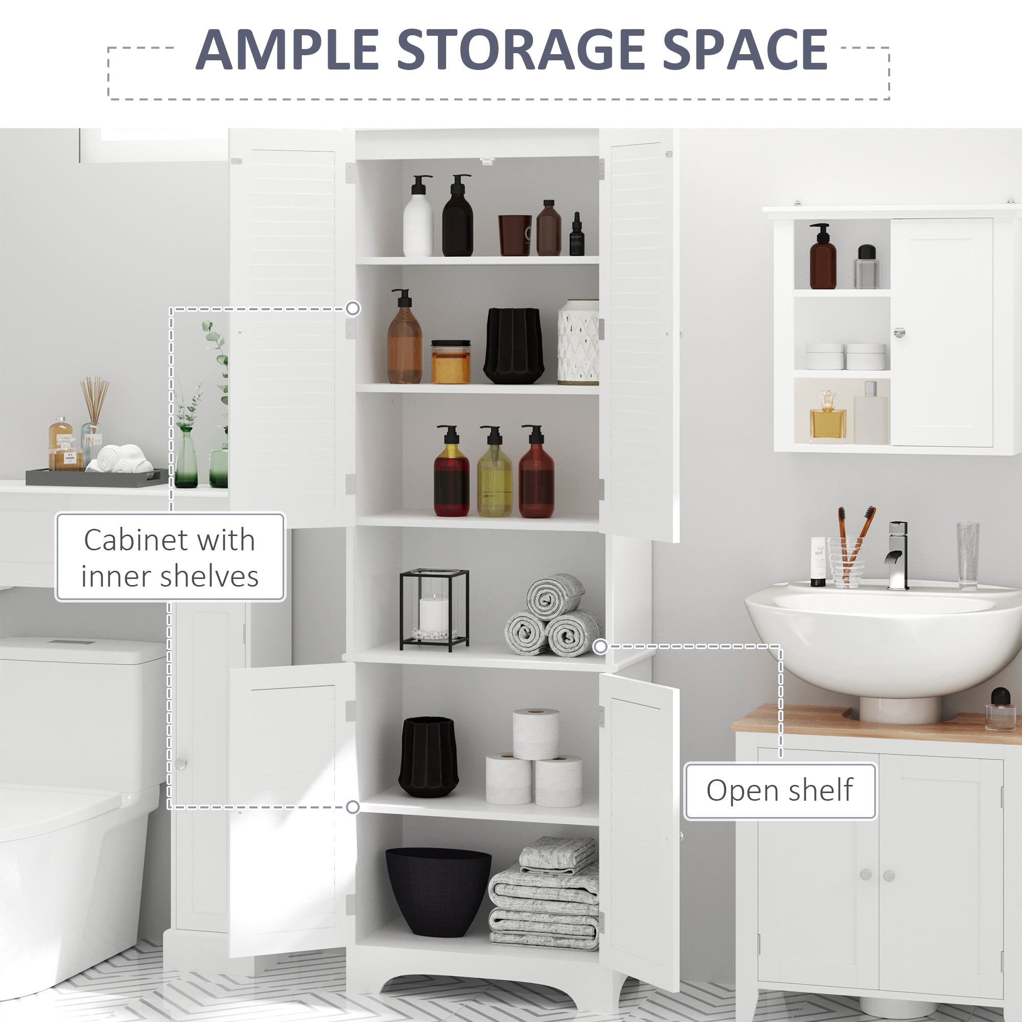 HOMCOM Tall Freestanding Bathroom Cabinet Retro Shutters w/ 3 Compartments Shelves Elevated Base Narrow Organiser White 60L x 30W x 182.5H cm - North Peak Garden Furniture