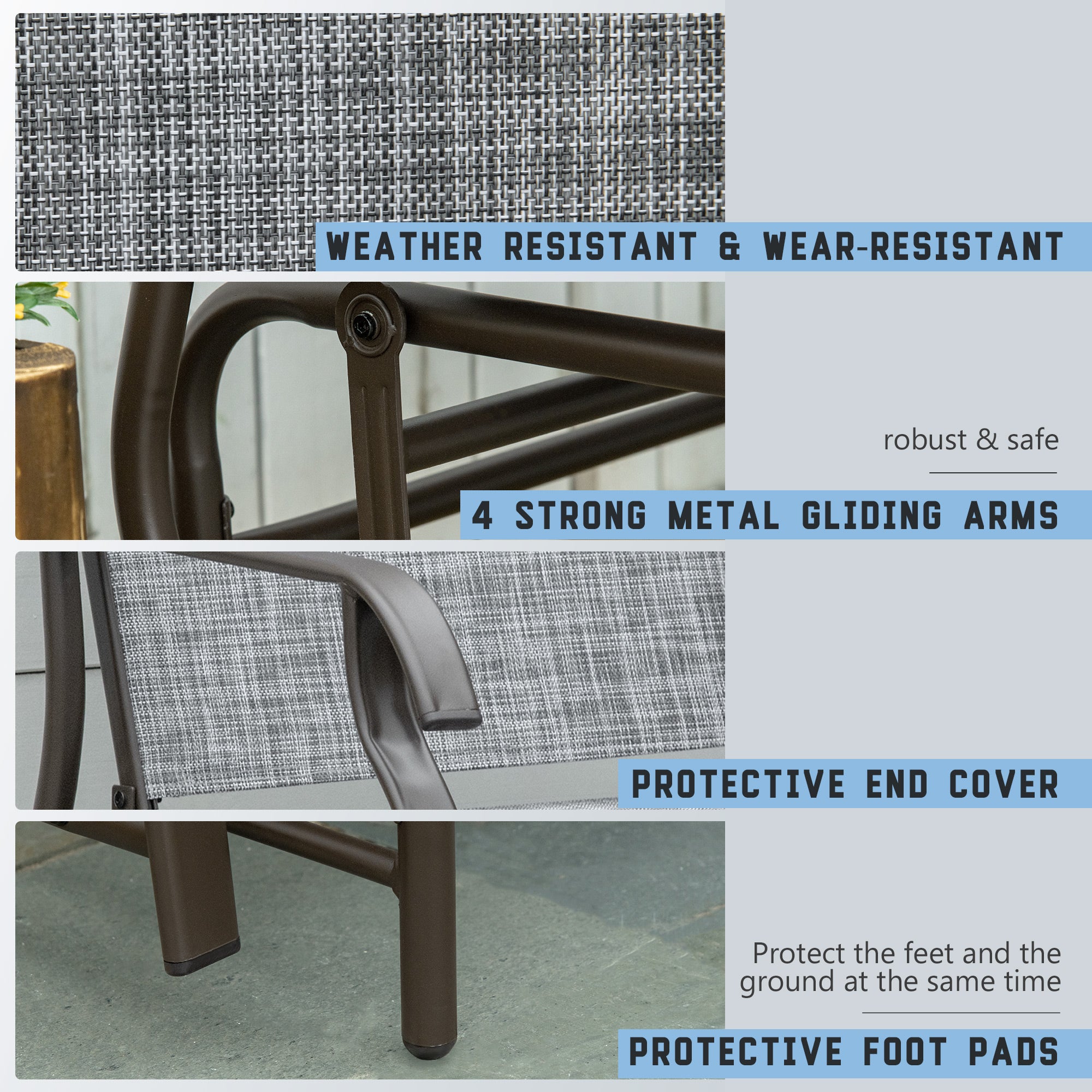 Outsunny 2 Seats Garden Glider Bench, Metal Frame Loveseat with Glass Top Centre Table, Porch Rocking Glider for 2 Person, for Deck, Patio, Brown/ Grey - North Peak Garden Furniture