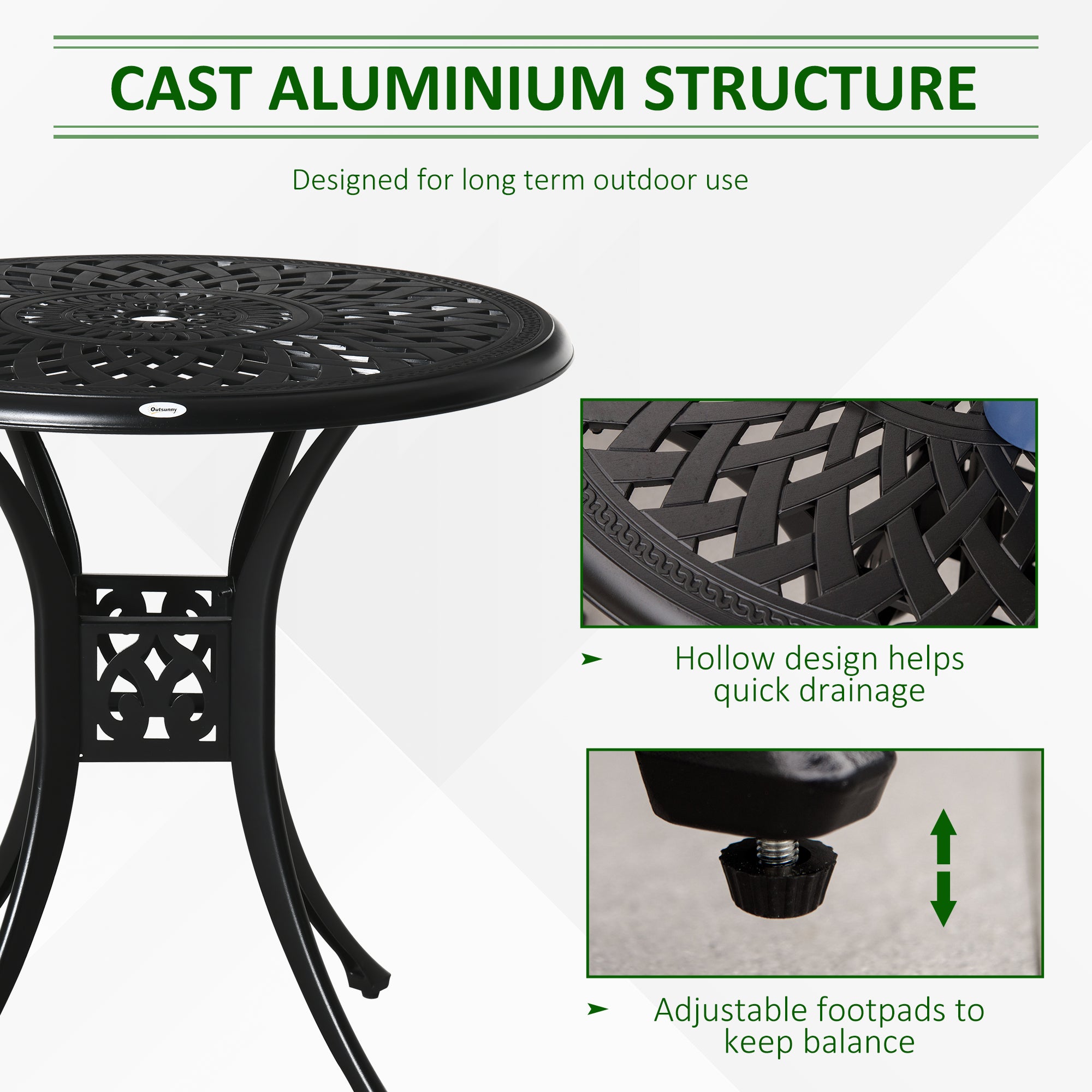 Outsunny 78cm Round Garden Dining Table with Parasol Hole Antique Cast Aluminium Outdoor Table Only, Black