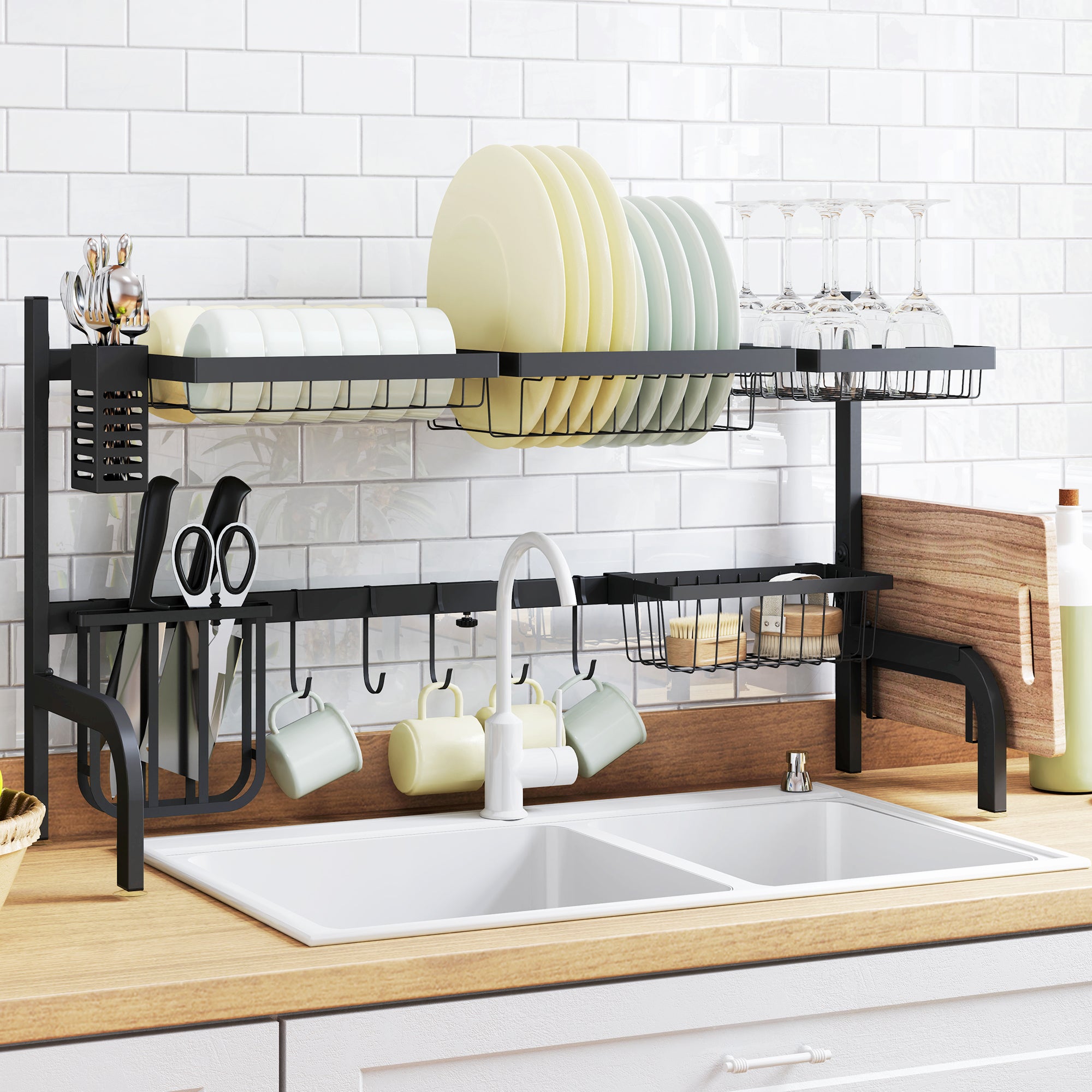 HOMCOM Space Saving 2 Tier Adjustable Dish Drainer Over The Sink Dish Drying Rack, Black - North Peak Garden Furniture