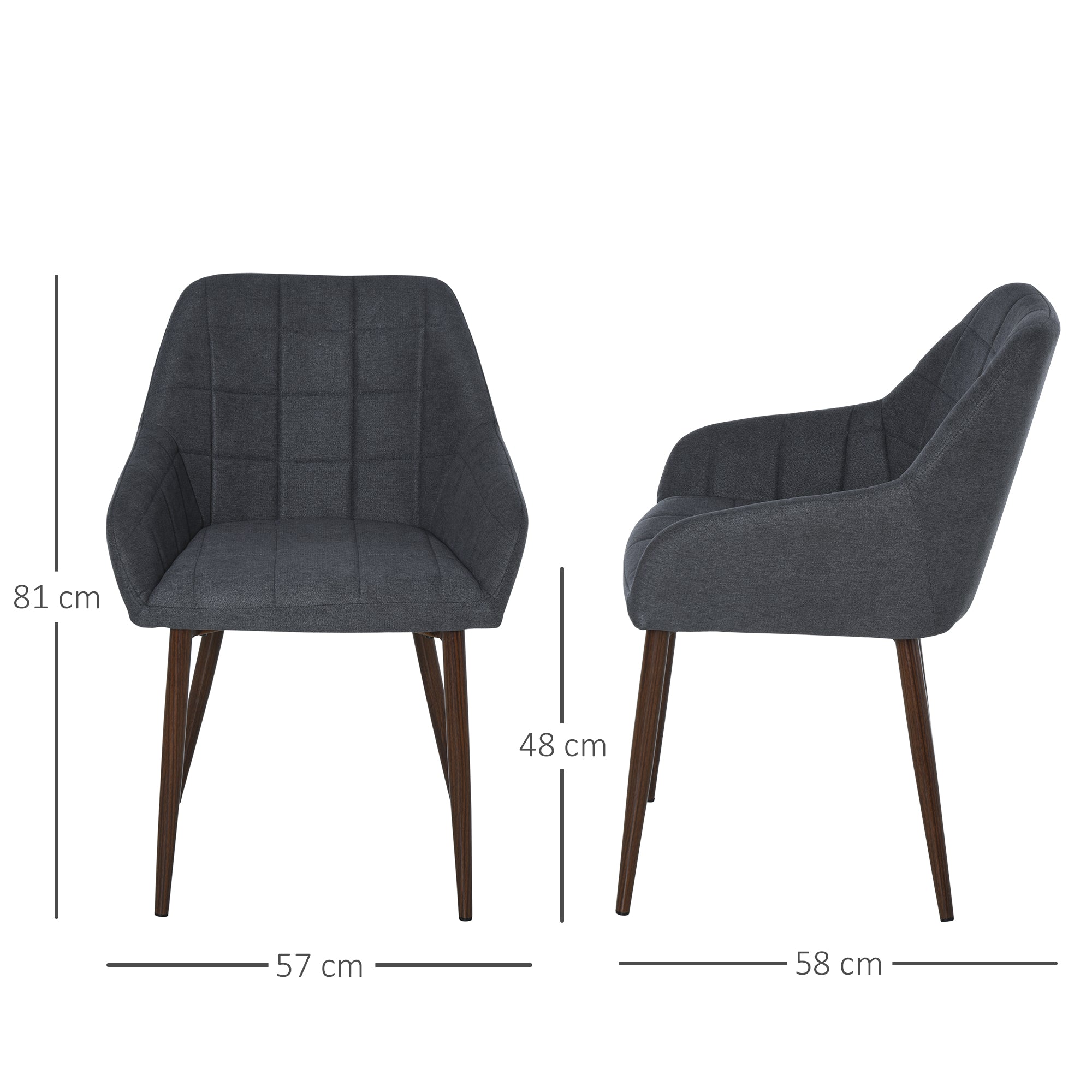 HOMCOM 2 Pieces Linen-Touch Fabric Dining Chair with Grid Pattern Cushion and Backrest, Mid Back Leisure Chair with Steel Leg, Sponge Padded Armchair for Dining Room - North Peak Garden Furniture