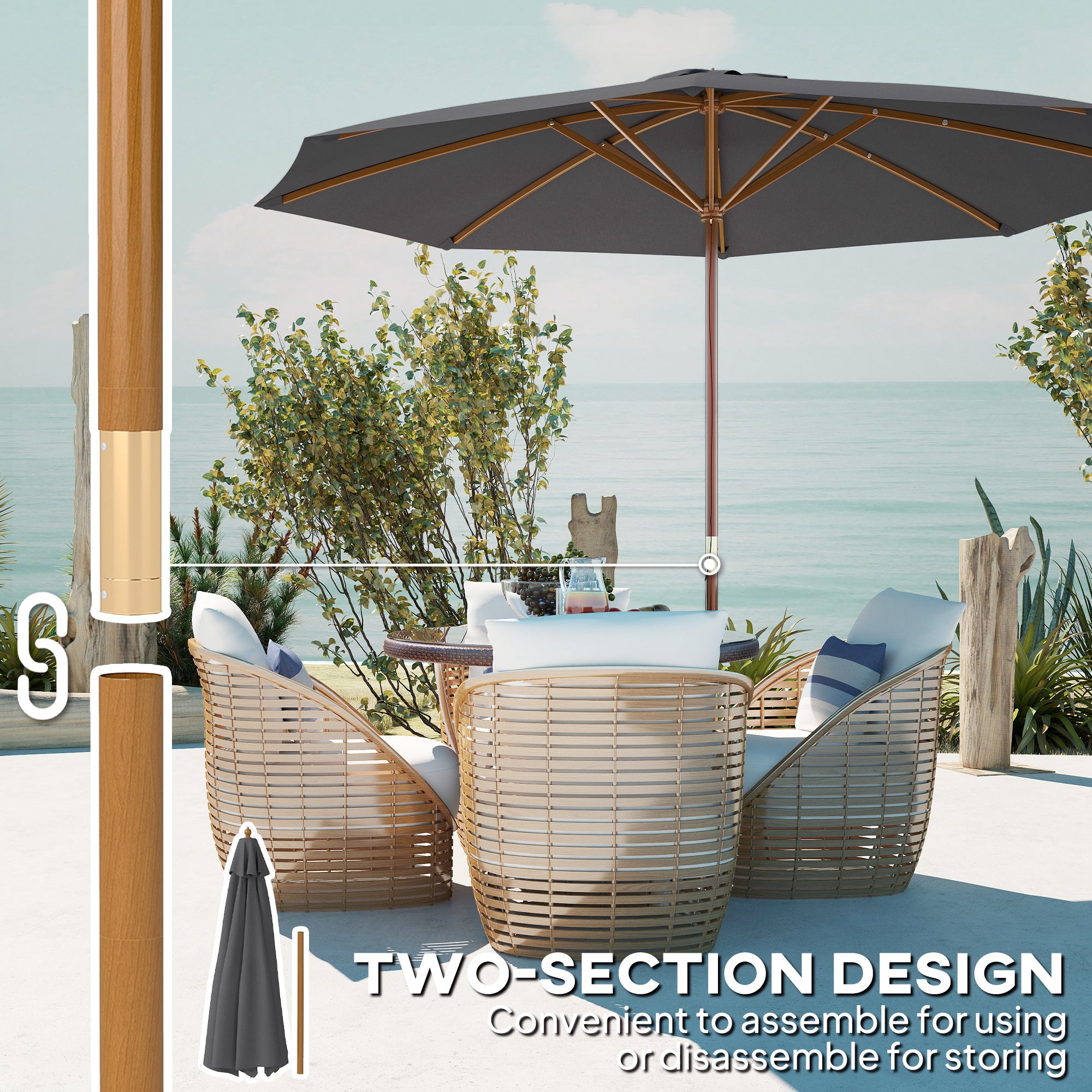 Outsunny 3m Wood Pole Parasol Umbrella - Grey - North Peak Garden Furniture