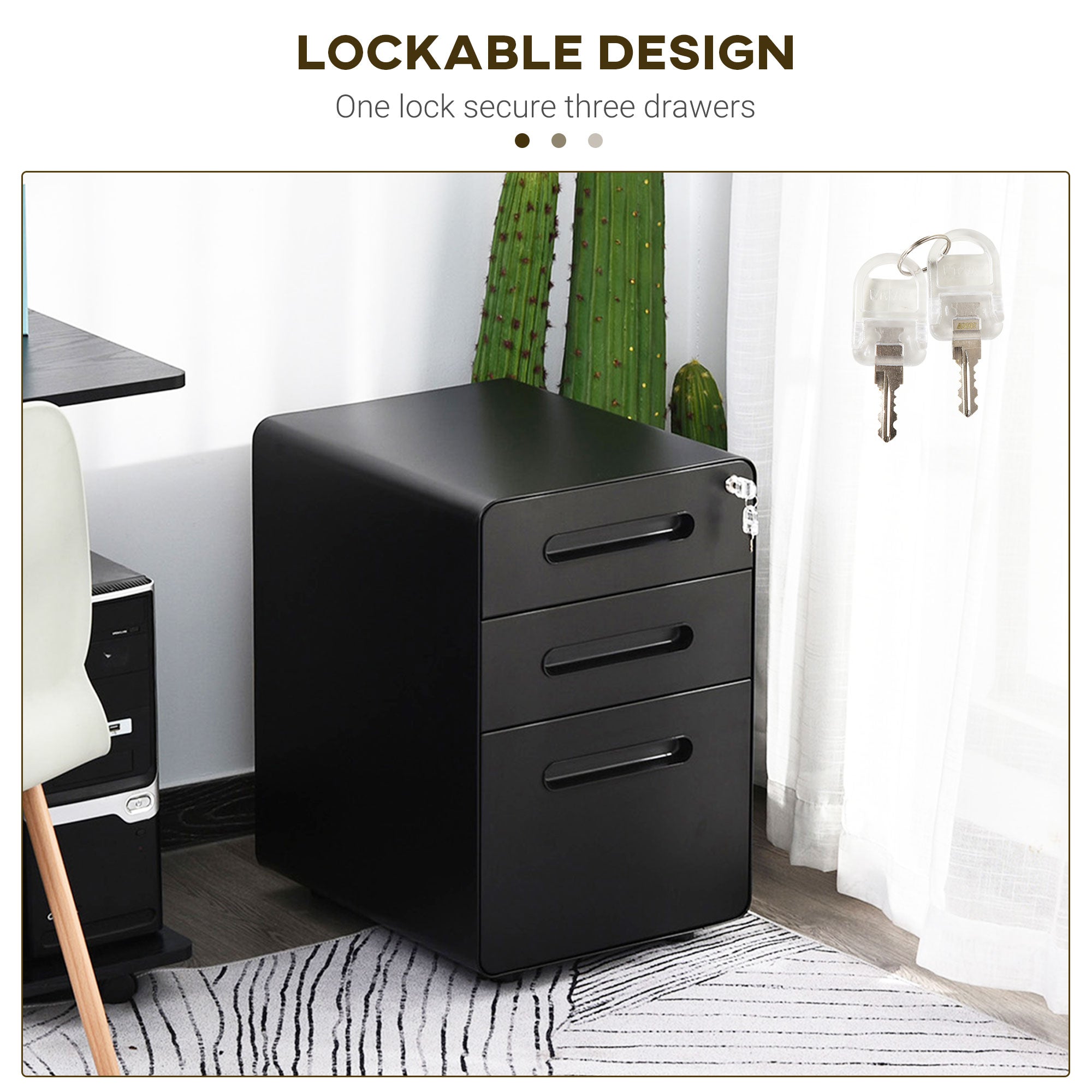 Vinsetto Lockable File Cabinet with 3 Drawers, Vertical Office Drawer for A4, Letter, Legal Size, Anti-tilt Design, Pre-Assembled Body, Black - North Peak Garden Furniture