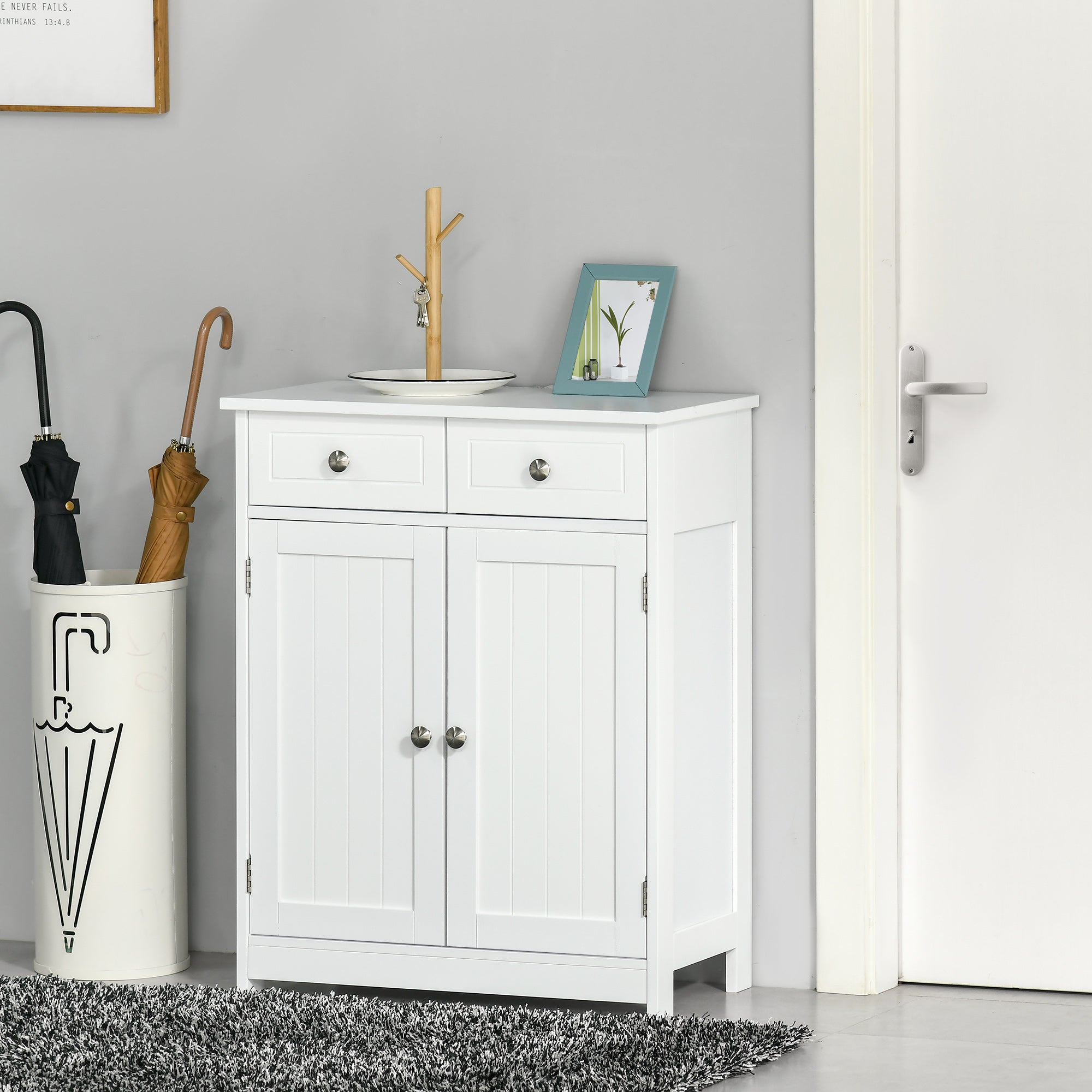 kleankin 75x60cm Freestanding Bathroom Storage Cabinet Unit w/ 2 Drawers Cupboard Adjustable Shelf Metal Handles Traditional Style White