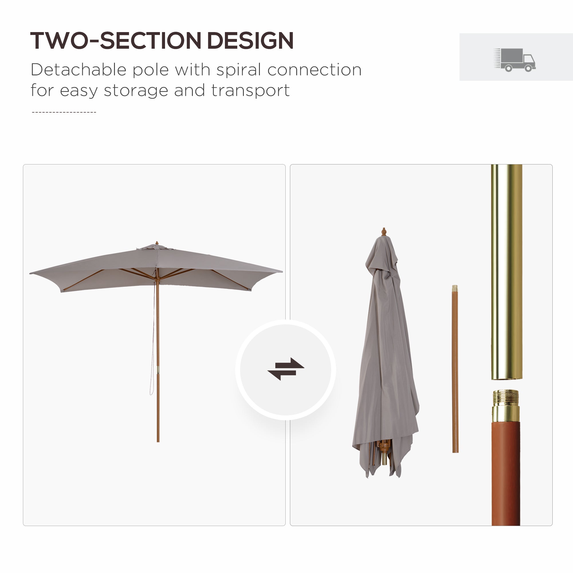 Outsunny 2 x 3m Wooden Garden Parasol Umbrella Outdoor Sun Shade Canopy, Light Grey - North Peak Garden Furniture