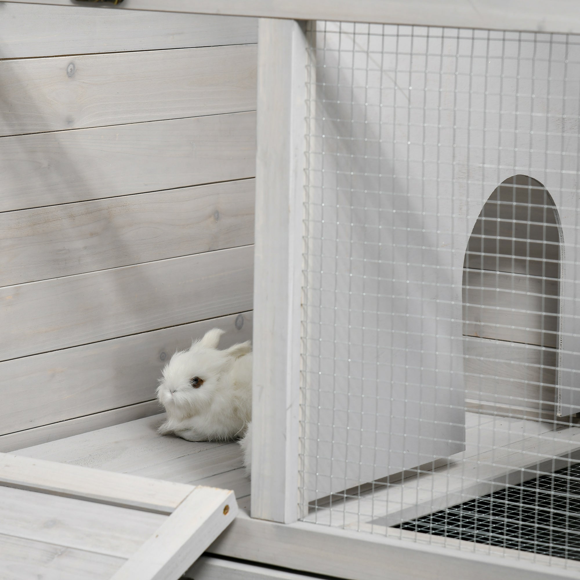 PawHut Rabbit Hutch Guinea Pig Cage, 2 in 1 Small Animal House for Indoor with Wheels 138 x 53 x 61cm, Light Grey