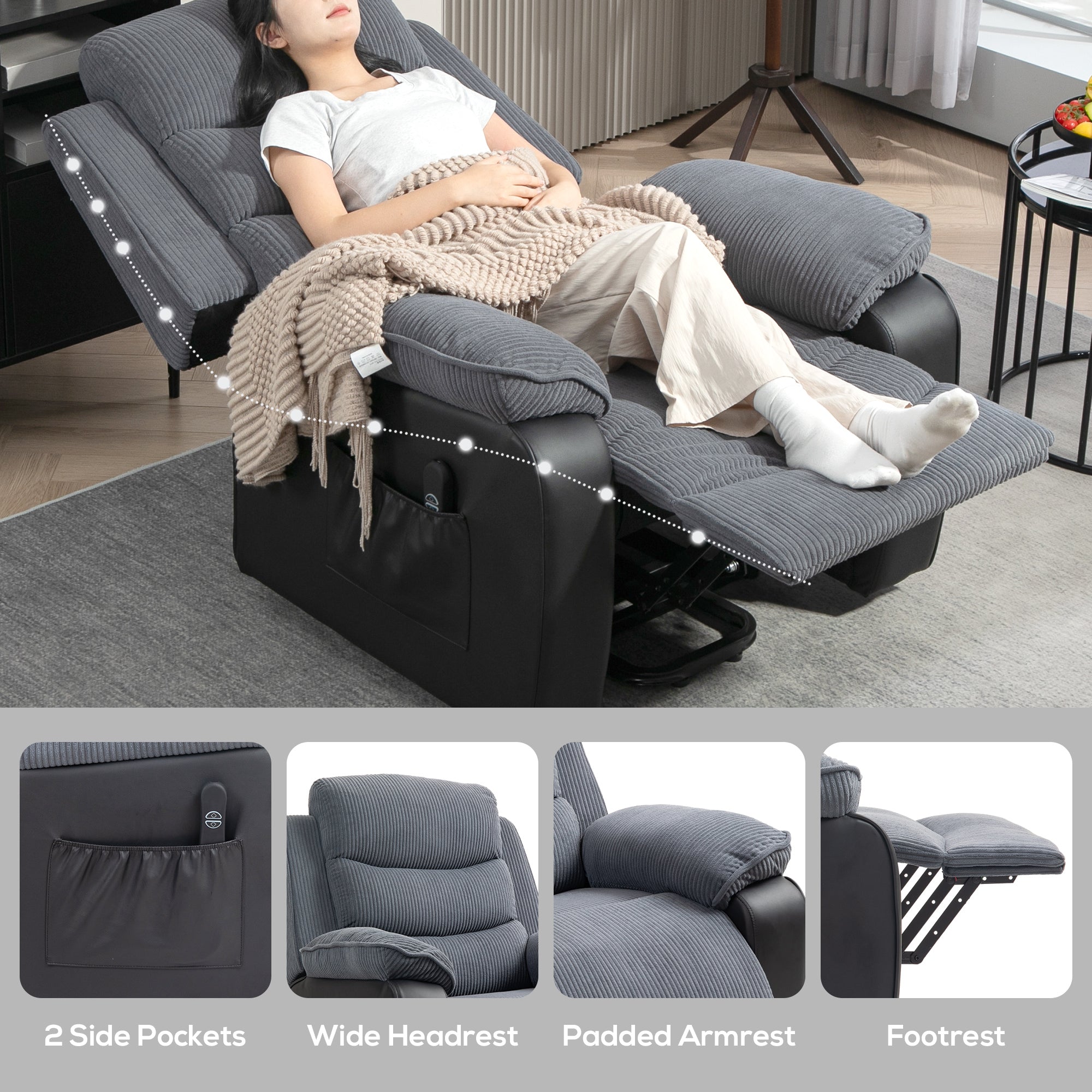 HOMCOM Power Lift Recliner Chair for Elderly, Patchwork Design Oversized Electric Riser and Recliner Armchair for Living Room with Remote Control and 2 Side Pockets, Dark Grey - North Peak Garden Furniture