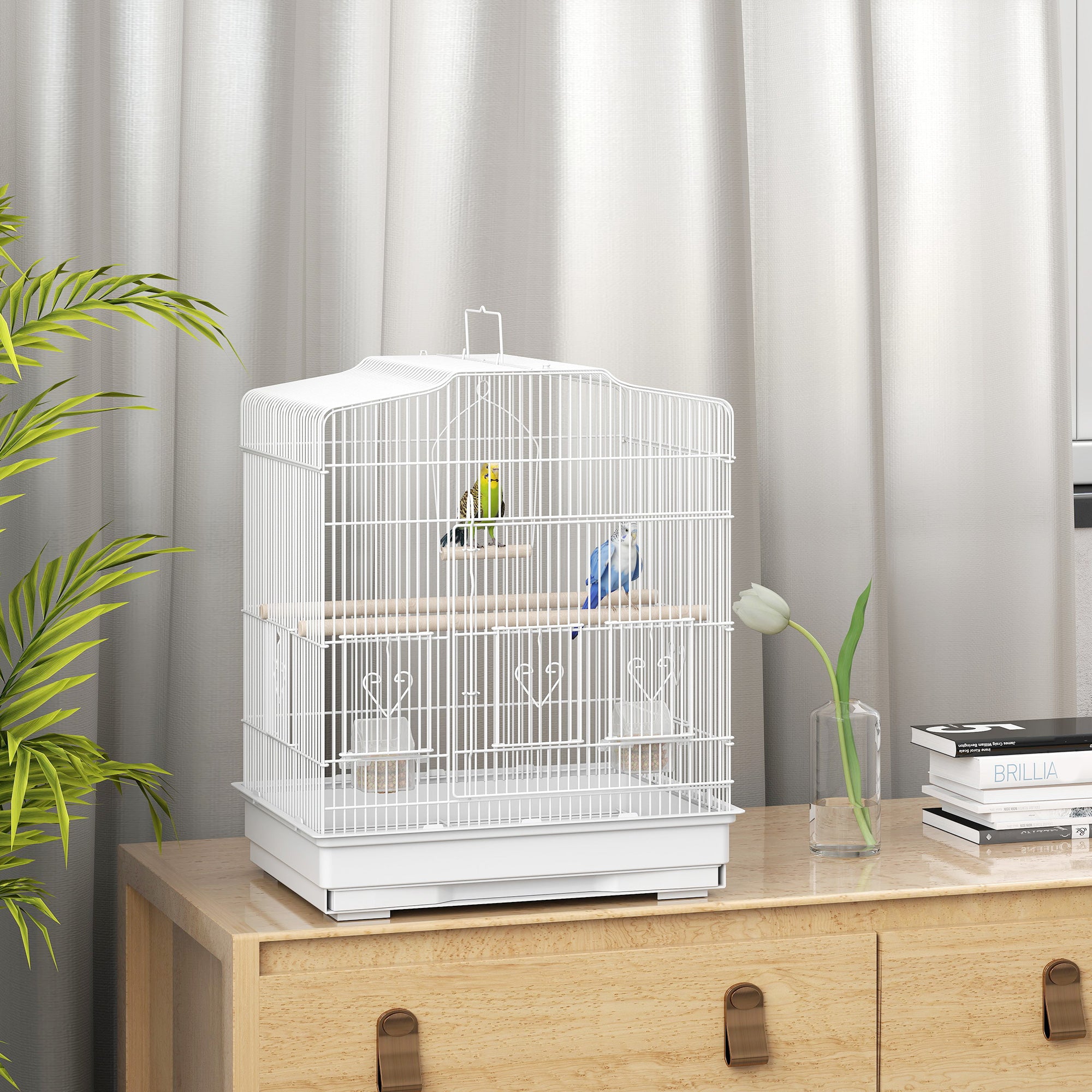 PawHut Large Metal Bird Cage with Perches, Food Bowls, Swing, for Budgies, Parakeets, White - North Peak Garden Furniture