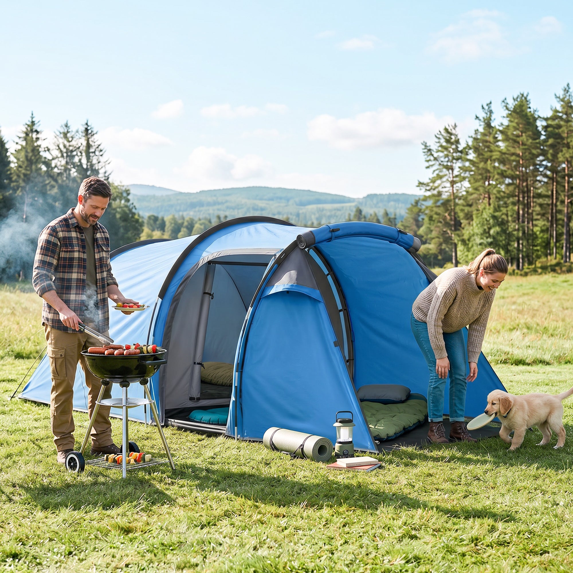 Outsunny 2-3 Man Tunnel Tents w/ Vestibule Camping Tent Porch Air Vents Rainfly Weather-Resistant Shelter Fishing Hiking Festival Shelter Home