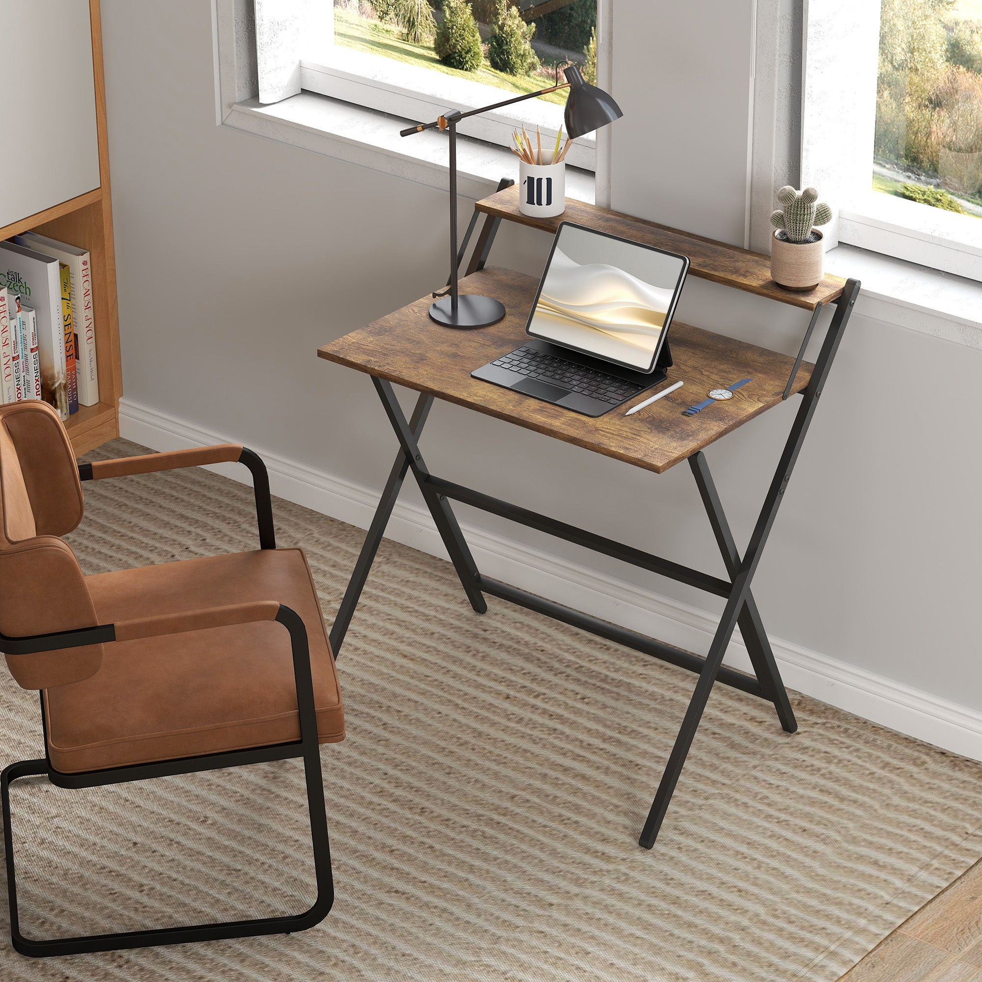 HOMCOM 81.5 cm Folding Computer Desk with Monitor Shelf - Rustic Brown - North Peak Garden Furniture