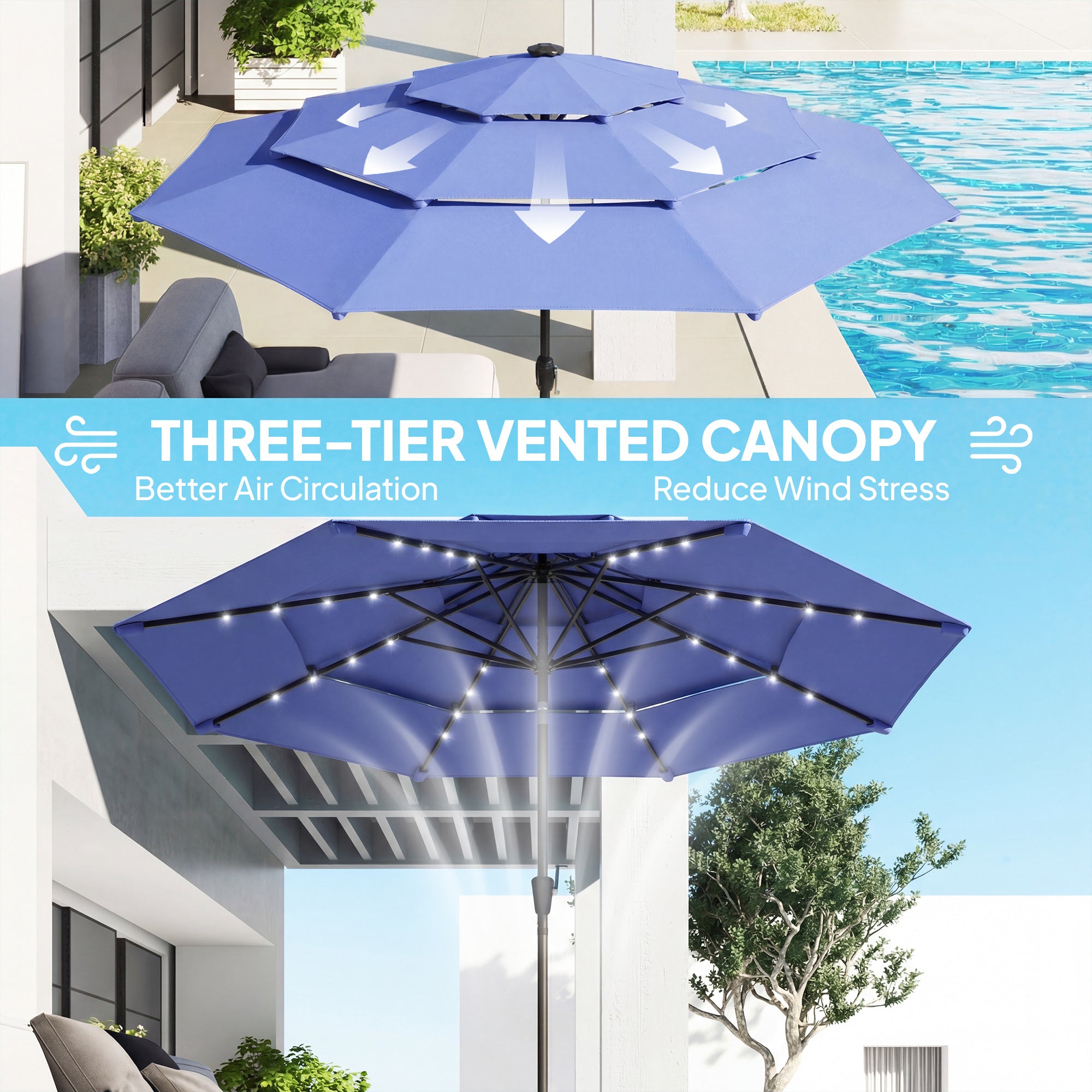Outsunny 2.8 m Garden Parasol Umbrella with LED Solar Light, Parasol Cover, 3 Tier Outdoor Table Market Patio Umbrella, Navy Blue