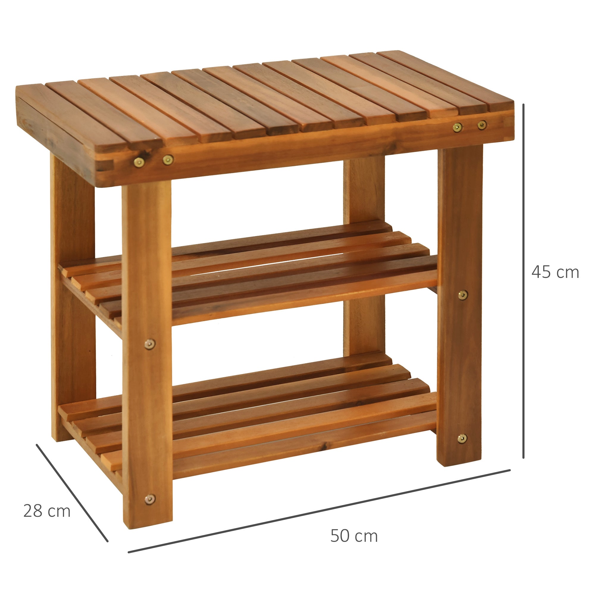 HOMCOM Acacia Wood Shoe Bench, 3-Tier Shoe Storage Rack, Hallway Organizer Shelf, for Entryway, Living Room, Bedroom, 50 x 28 x 45 cm, Teak - North Peak Garden Furniture