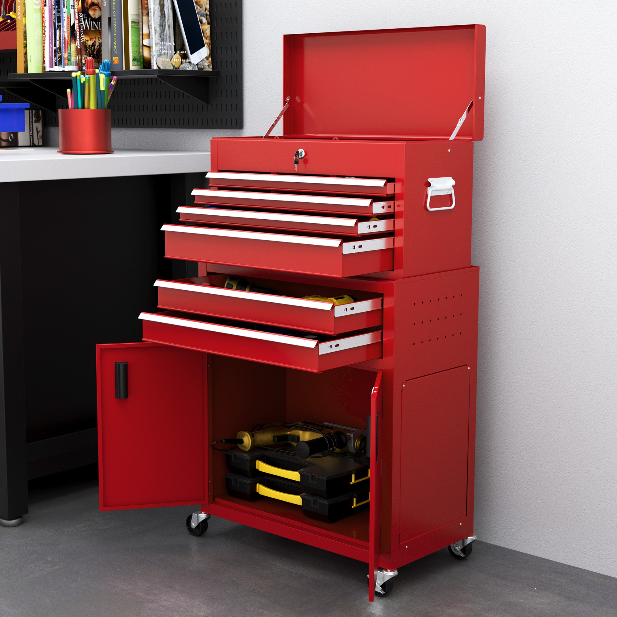 HOMCOM Portable Tool Box, Metal Tool Chest on Wheels with 6 Drawers for Garage and Workshop, Red - North Peak Garden Furniture