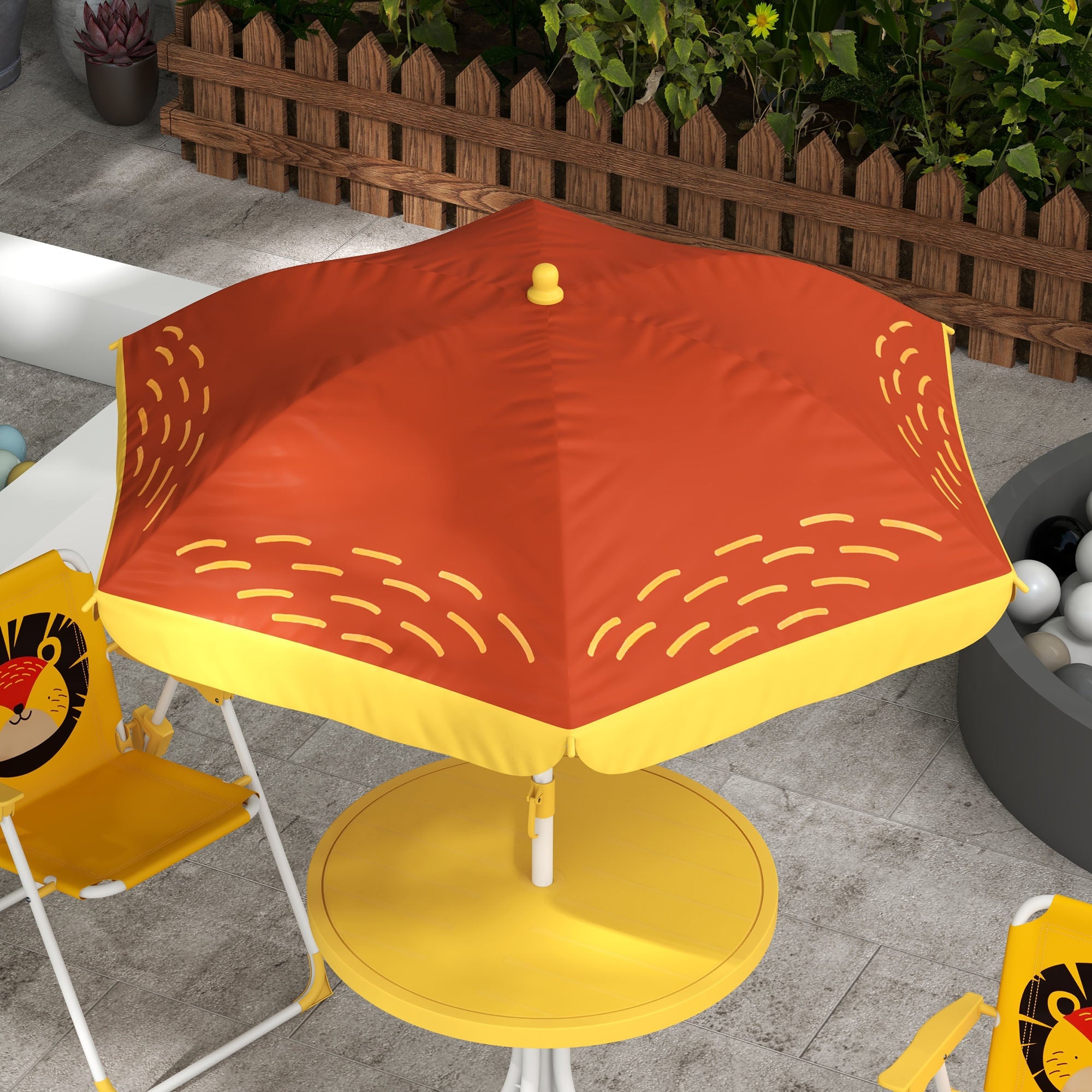 Outsunny Kids Picnic Table and Chair Set, Lion Themed Outdoor Garden Furniture w/ Foldable Chairs, Adjustable Parasol - Yellow - North Peak Garden Furniture