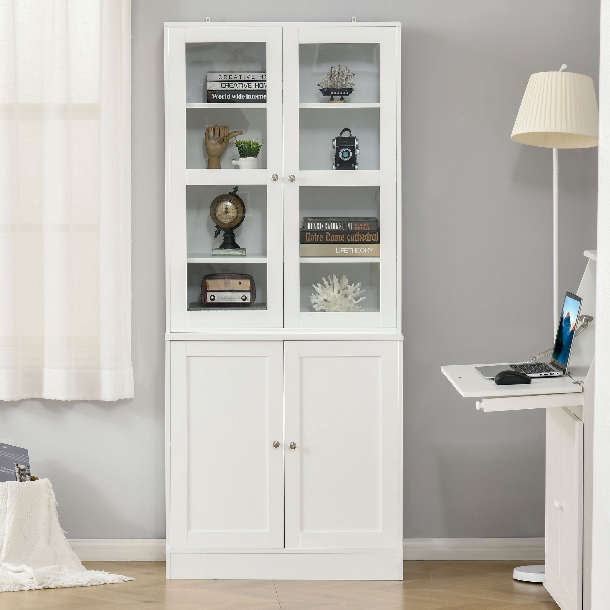 HOMCOM Modern Bookcase with Glass Doors, Display Storage Cabinet with Adjustable Shelves for Living Room, Study, Office, White - North Peak Garden Furniture