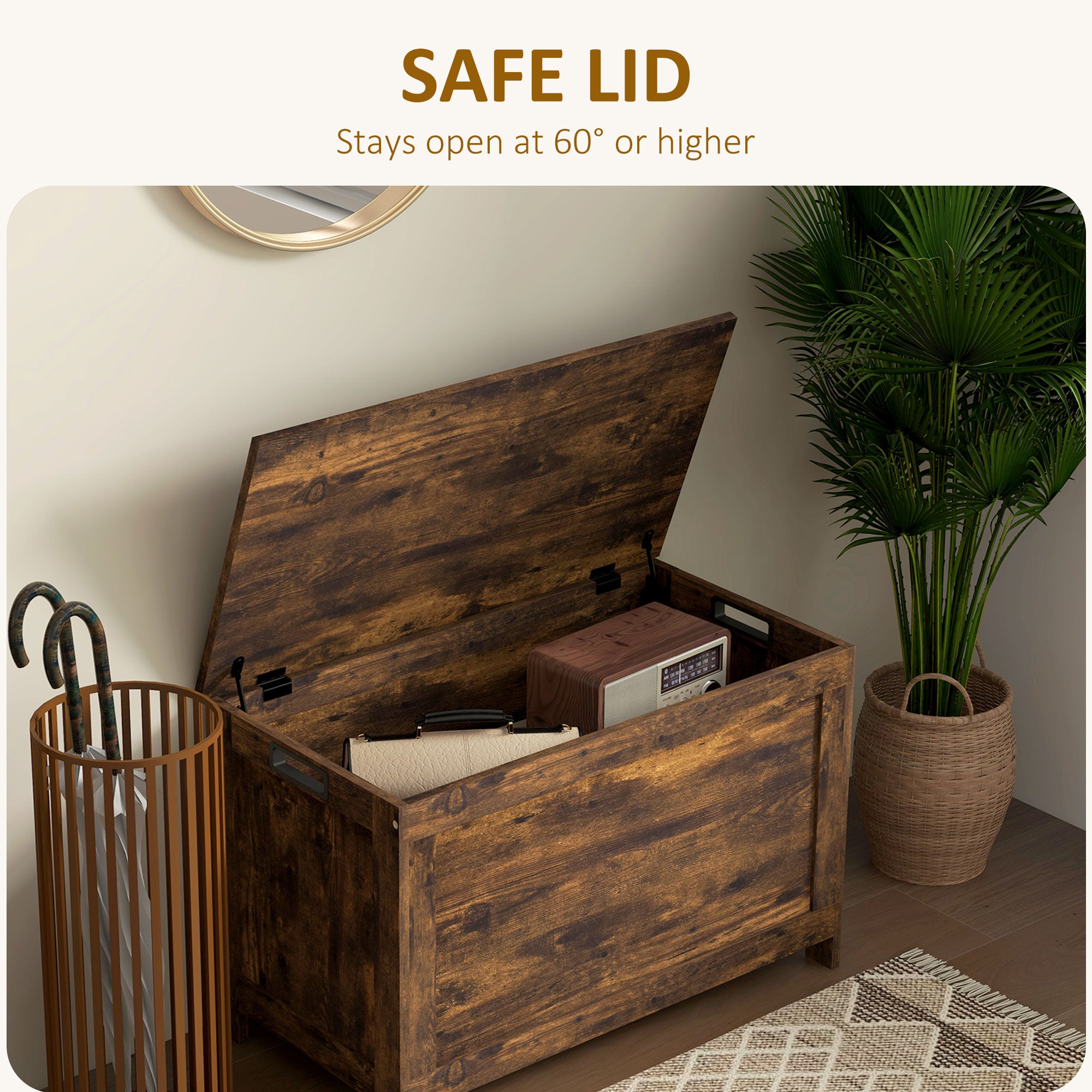 HOMCOM Storage Chest, Modern Storage Trunk with 2 Safety Hinges and Cut-out Handles, Wooden Toy Box for Living Room, Entryway, 76 x 40 x 48 cm, Rustic Brown - North Peak Garden Furniture