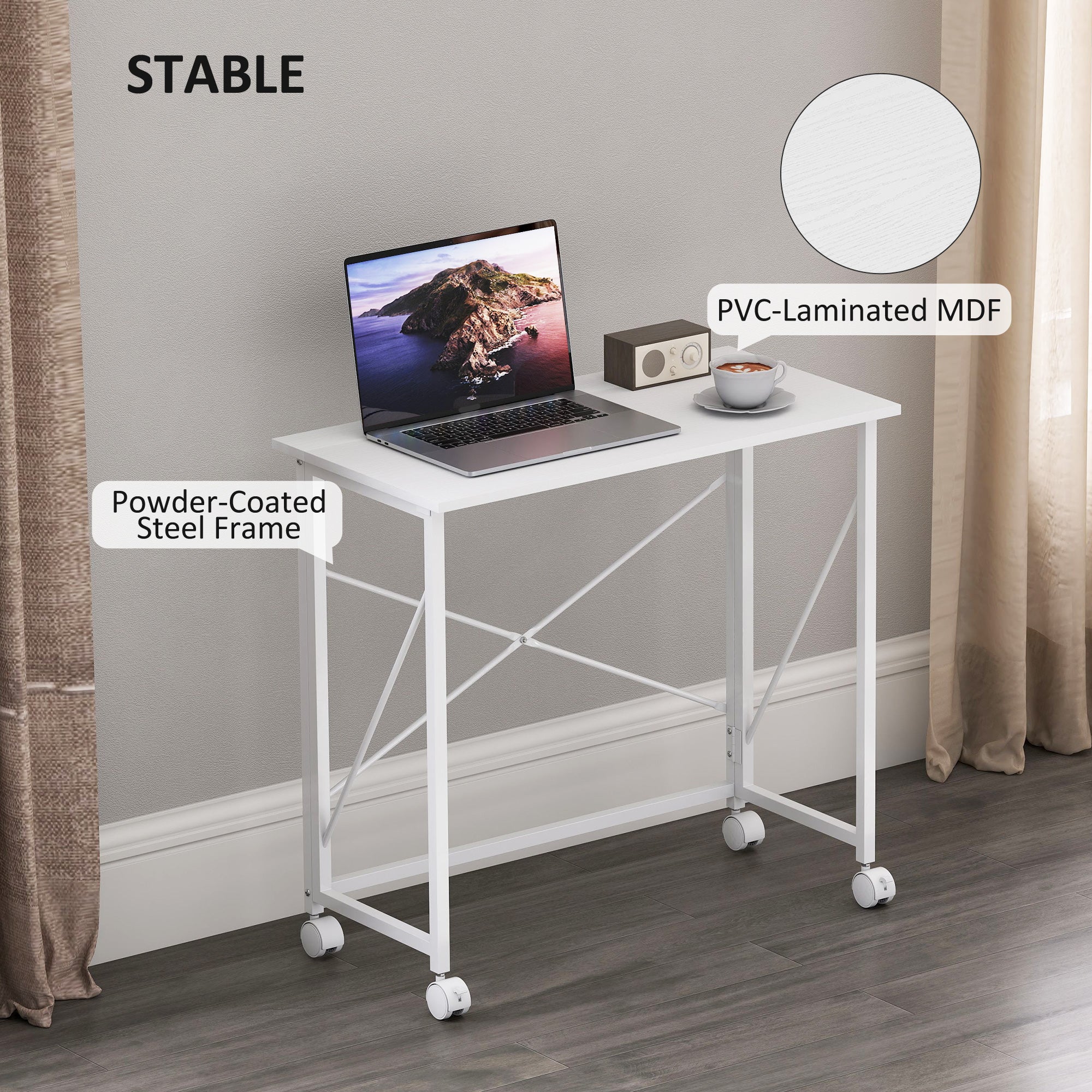 HOMCOM 80 cm Folding Desk on Wheels - White - North Peak Garden Furniture
