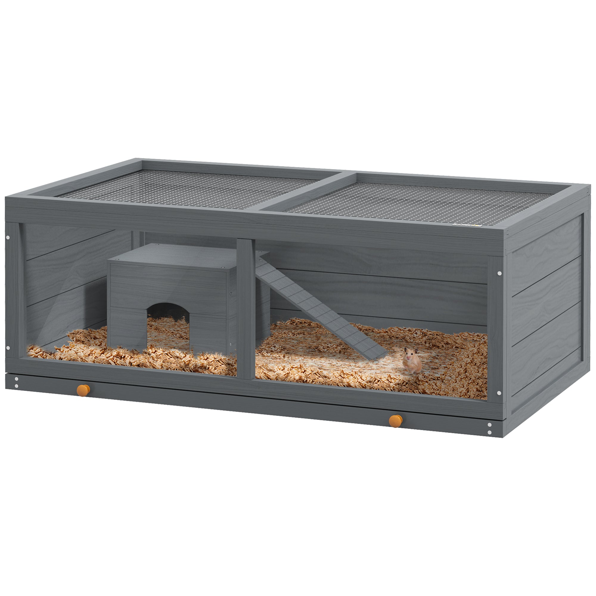 PawHut Wooden Hamster Cage with Sliding Tray, Openable Top, Hut for Syrian Hamsters, Grey - North Peak Garden Furniture