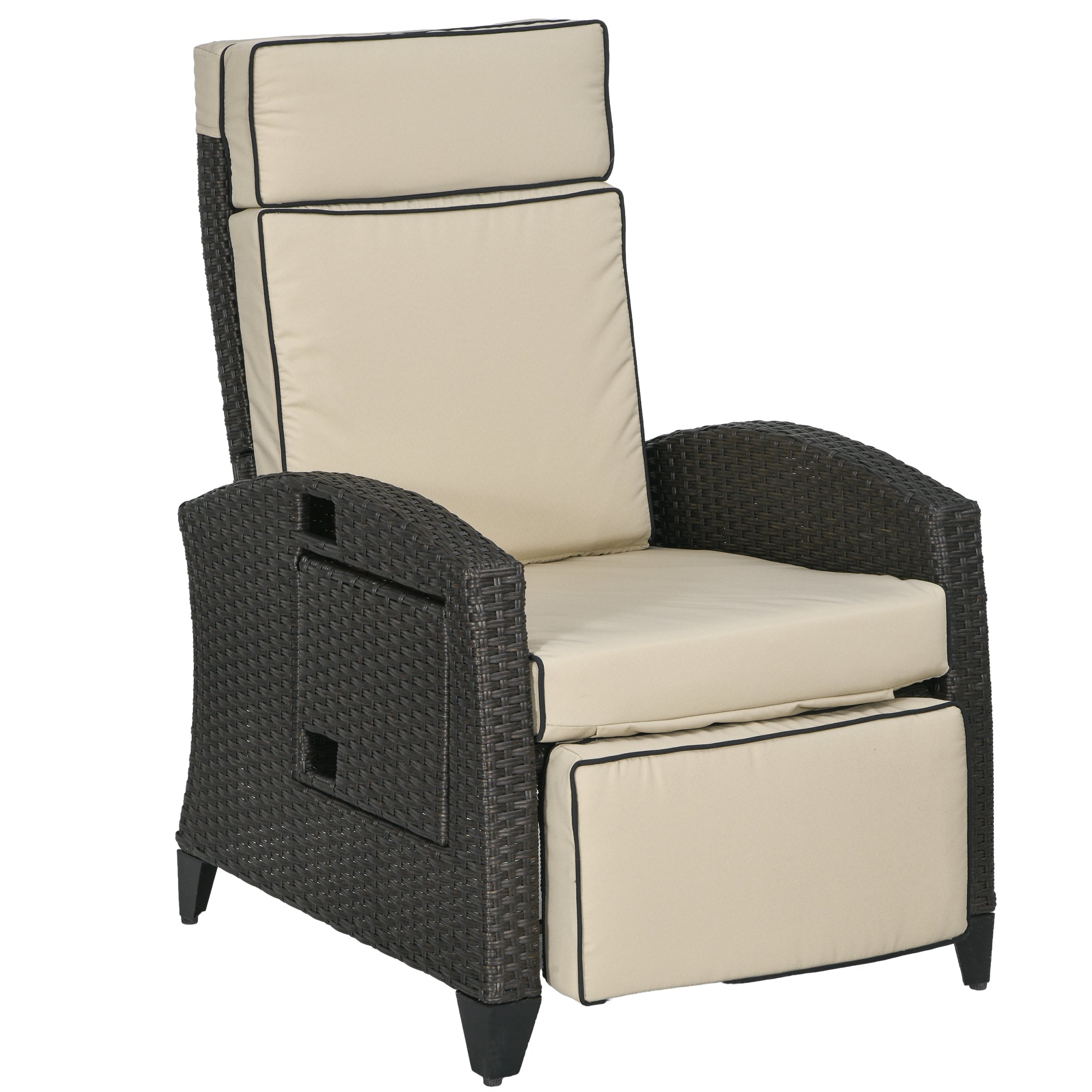 Outsunny Outdoor Recliner Chair with Adjustable Backrest and Footrest, Cushion, Side Tray, Khaki