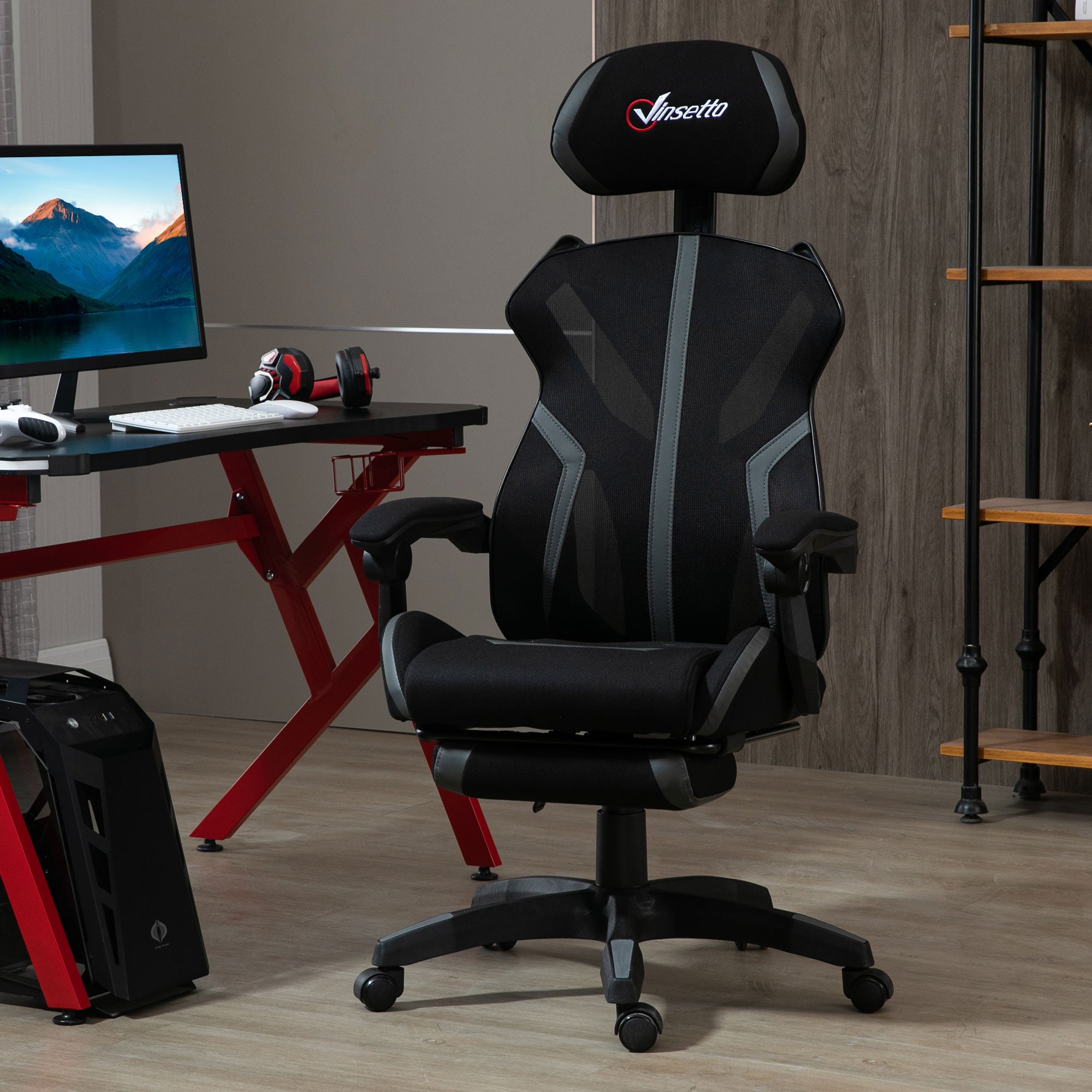 Vinsetto Mesh Office Chair Desk Task Computer Recliner with Footrest, Lumbar Back Support, Swivel Wheels, Adjustable Height for Home, Black Grey - North Peak Garden Furniture