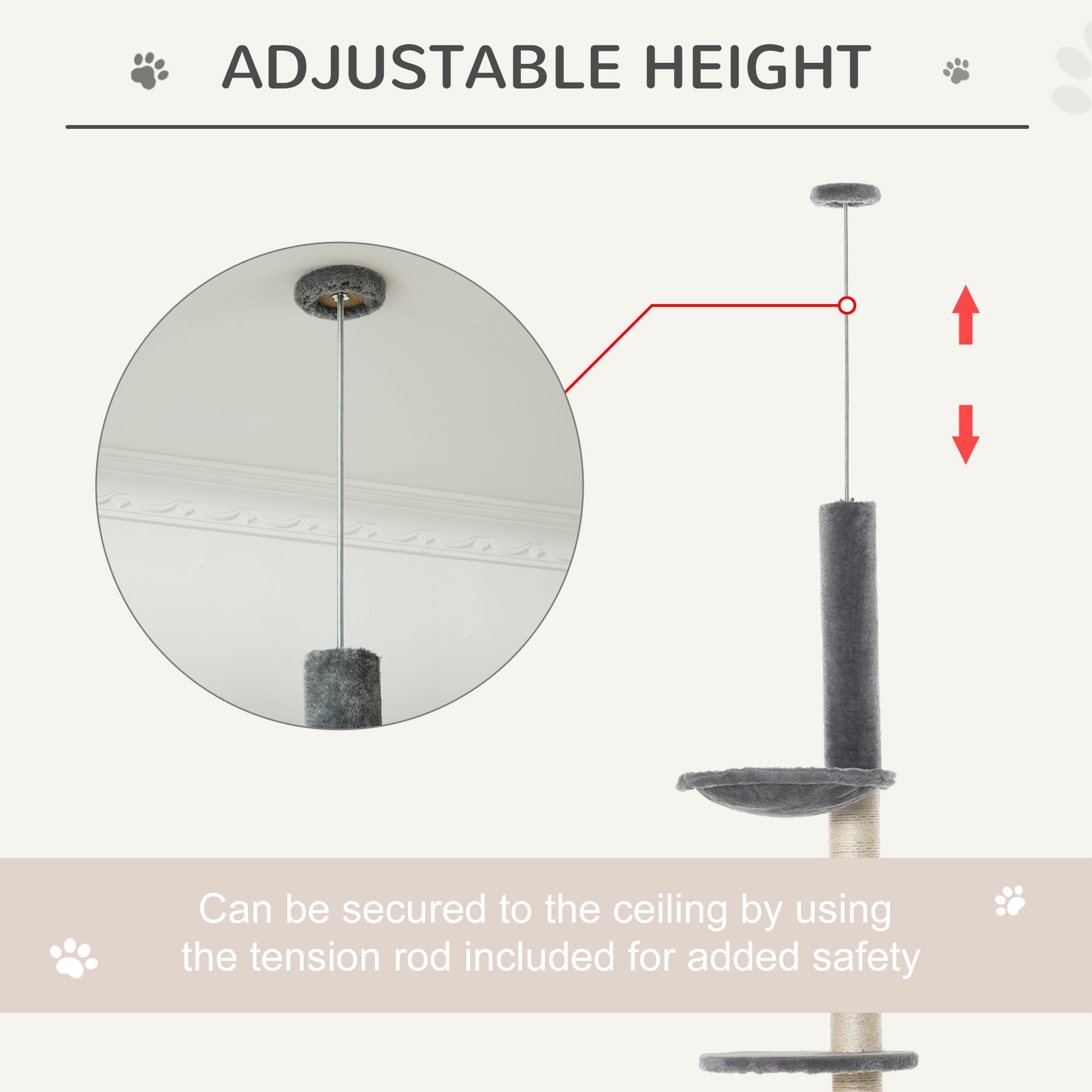 PawHut 270cm Floor To Ceiling Cat Tree Cat House Scratching Post for Indoor Cats Hammock Hanging Ball Activity Center Grey - North Peak Garden Furniture