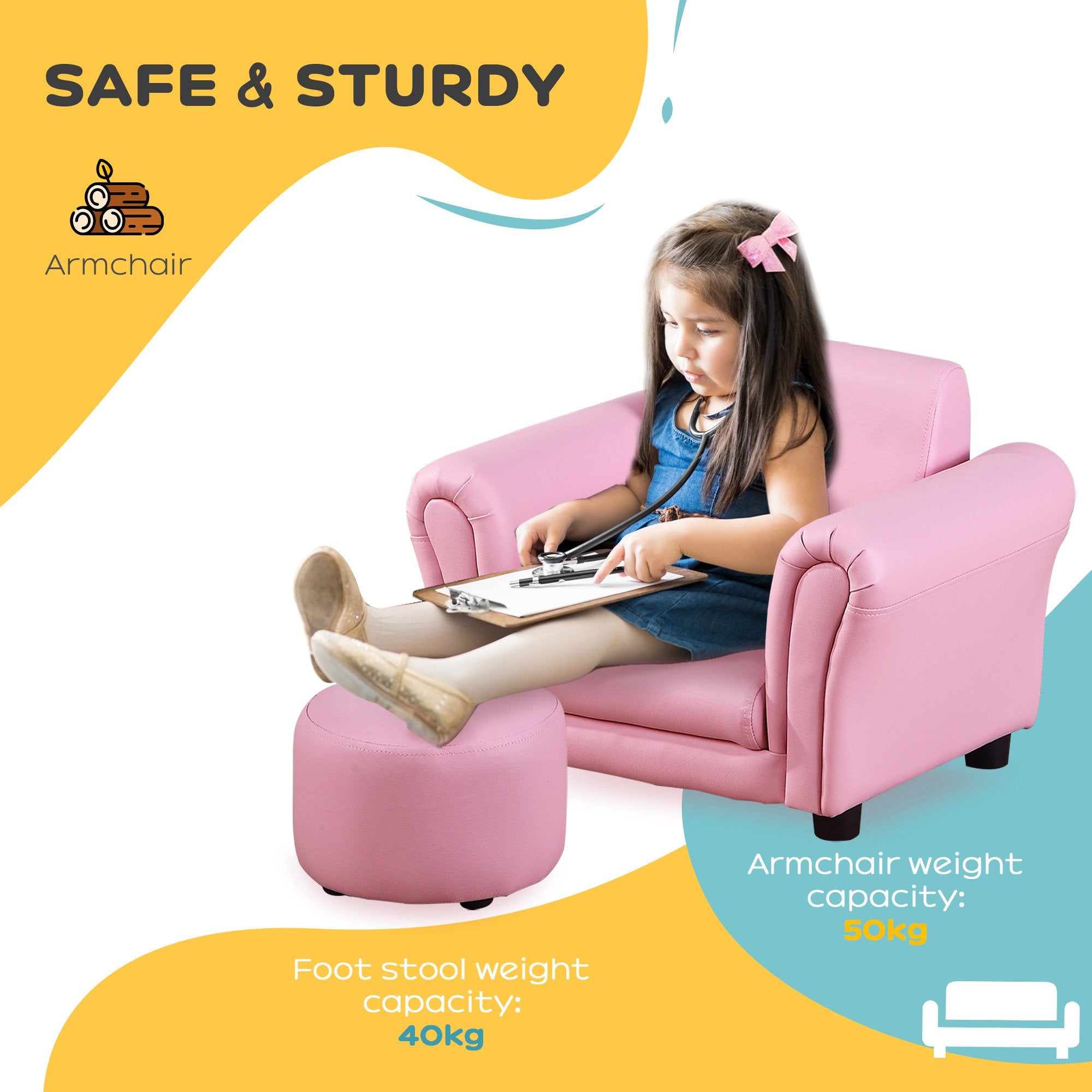 HOMCOM Toddler Chair Single Seater Kids Sofa Set, 54 x 42 x 41cm, Kids Sofa with Stool, Pink - North Peak Garden Furniture