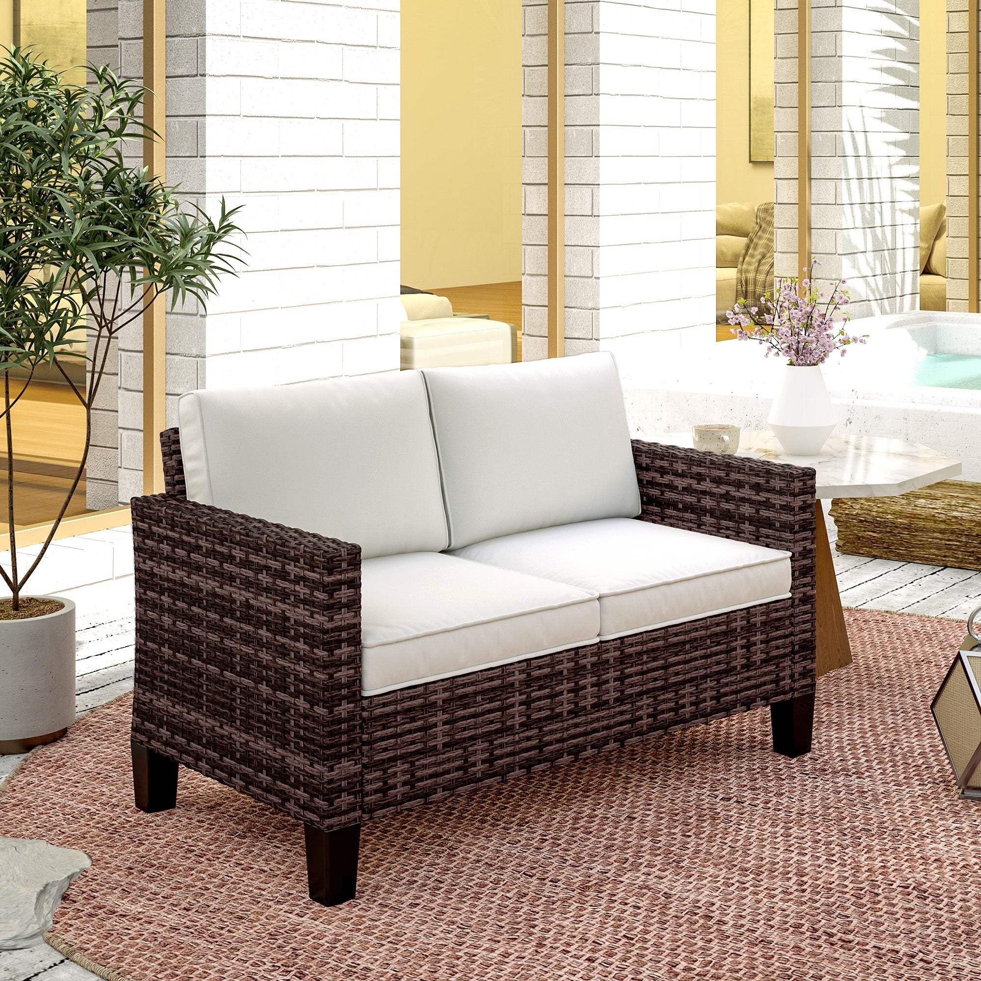 Outsunny Two-Seater Rattan Outdoor Sofa - Brown - North Peak Garden Furniture