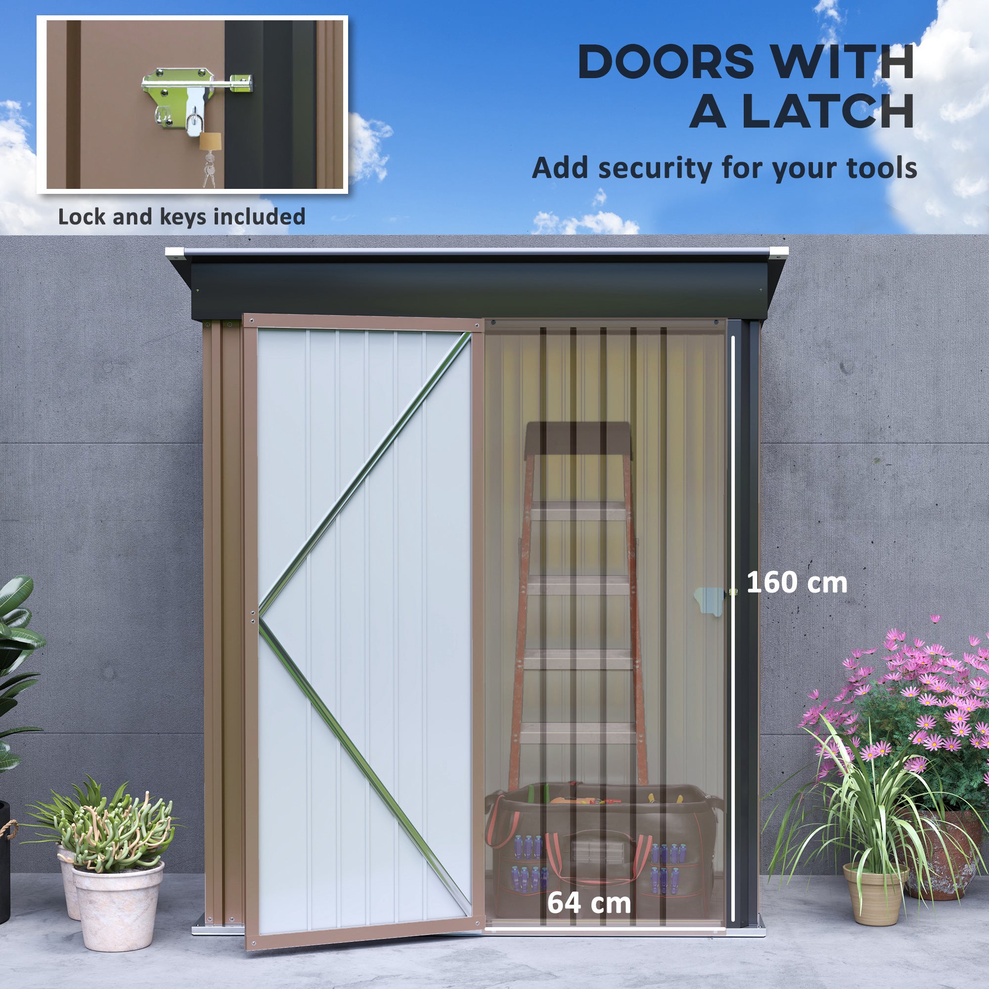 Outsunny Metal Garden Shed, Outdoor Lean-to Shed for Tool Motor Bike, with Adjustable Shelf, Lock, Gloves, 5'x3'x6', Brown - North Peak Garden Furniture