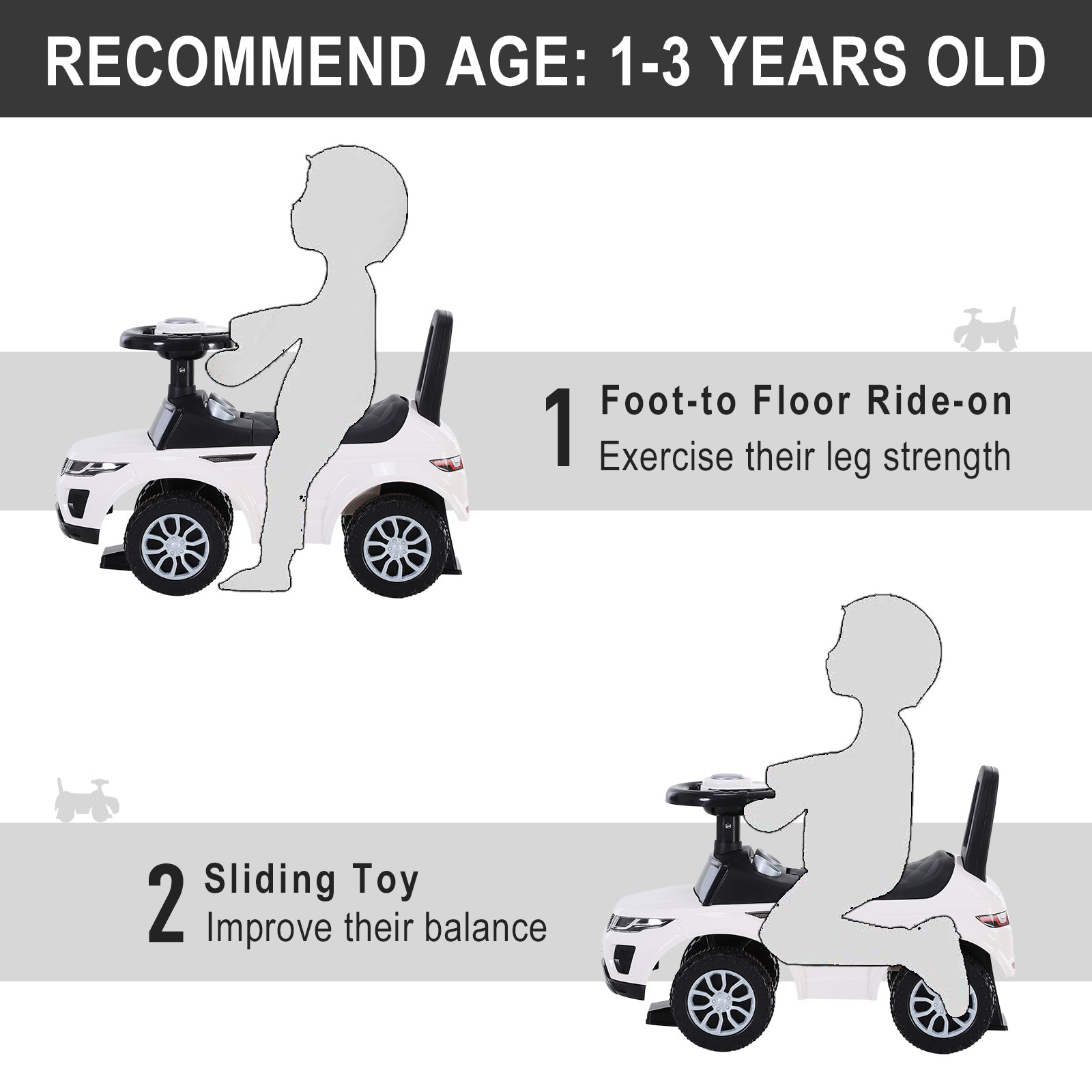 HOMCOM 3-in-1 Ride On Car Foot To Floor Slider Toddler w/ Horn Steering Wheel NO POWER Manual Under Seat Storage Safe Design for 1-3 Year Old White