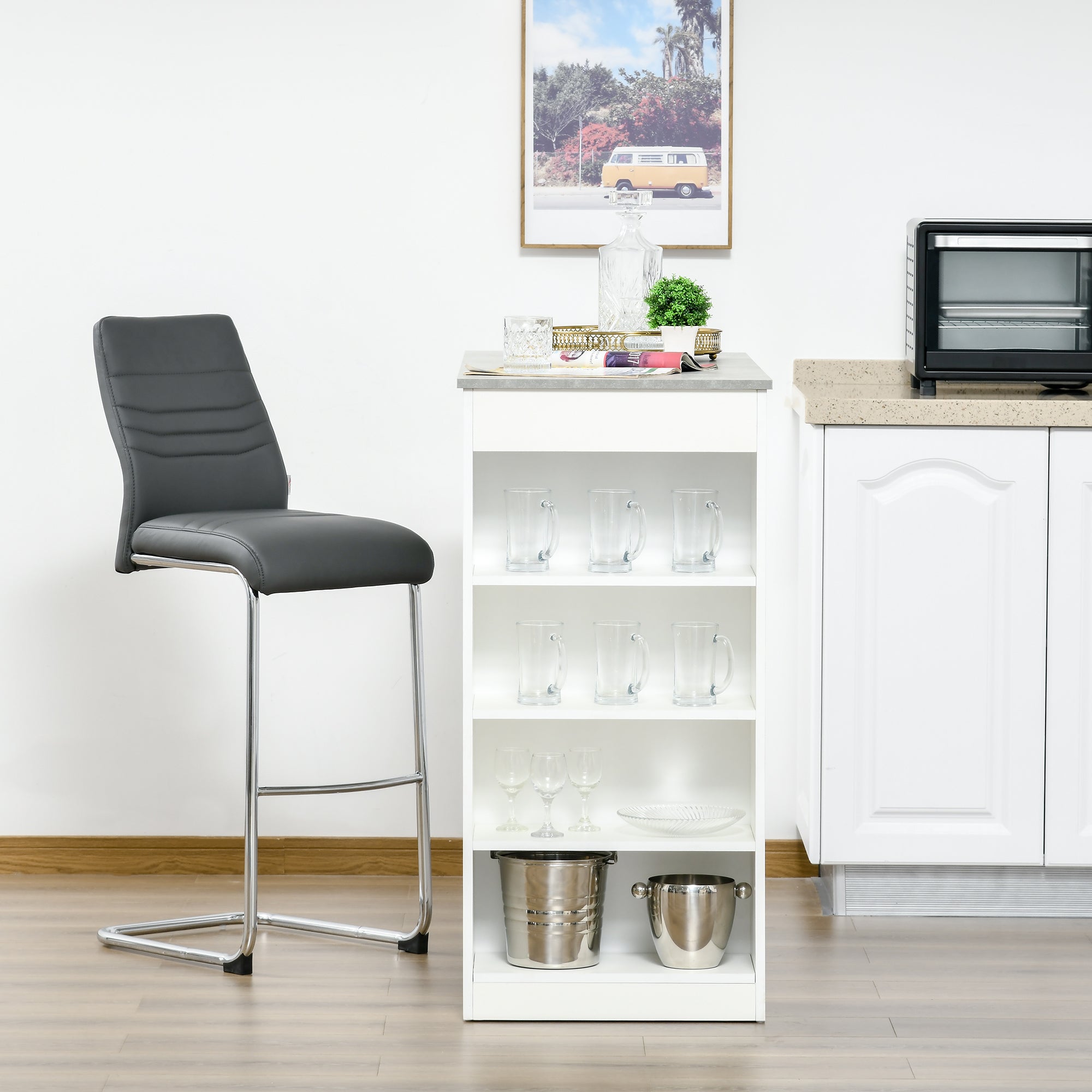 HOMCOM Bar Table Coffee Table Kitchen Dining Table with 4-Tier Storage Shelf for Kitchen, Dining Room, Living Room, Grey - North Peak Garden Furniture