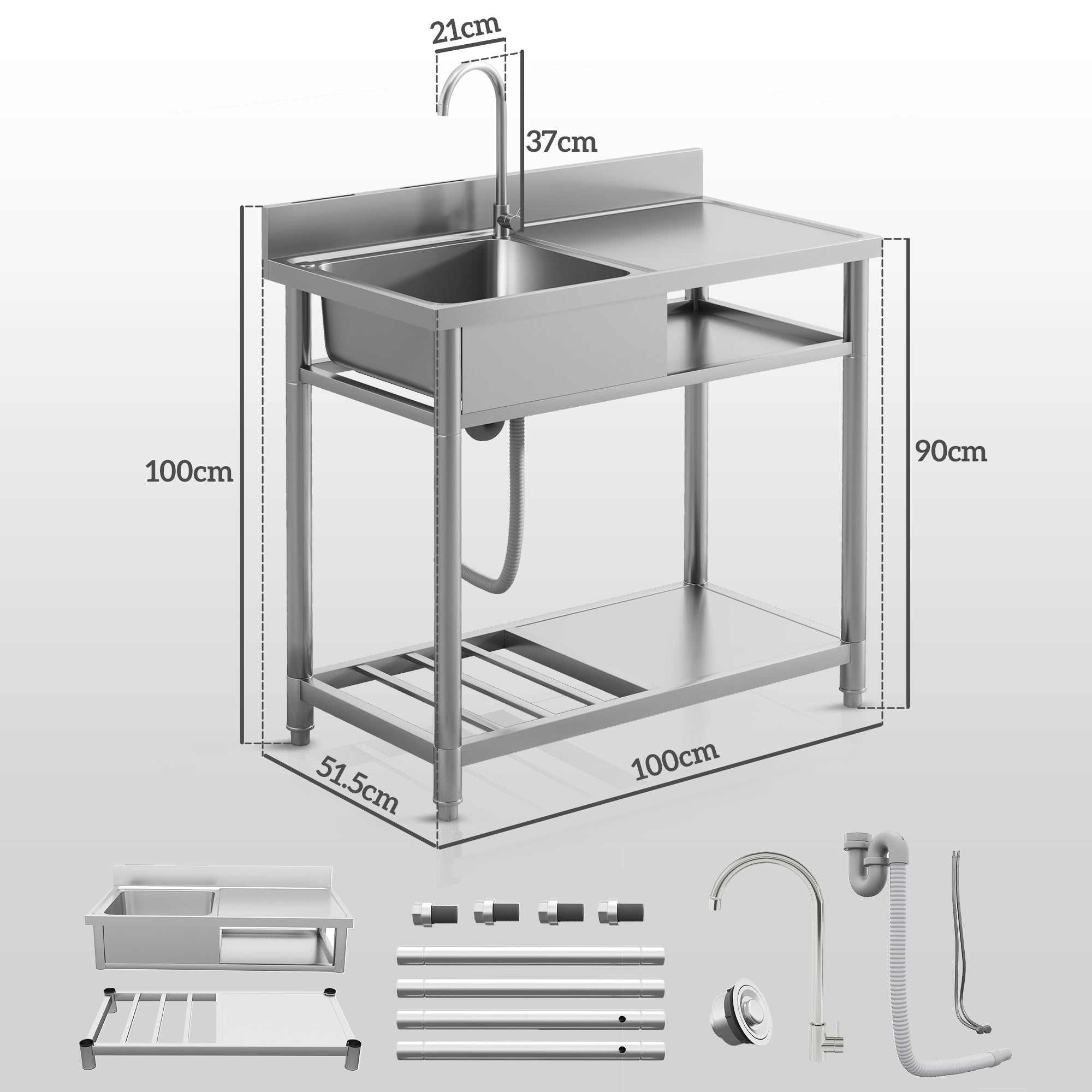 HOMCOM Outdoor Stainless Steel Kitchen Sink, Freestanding Sink Single Bowl with Cold and Hot Water Pipe and Storage Shelves - North Peak Garden Furniture
