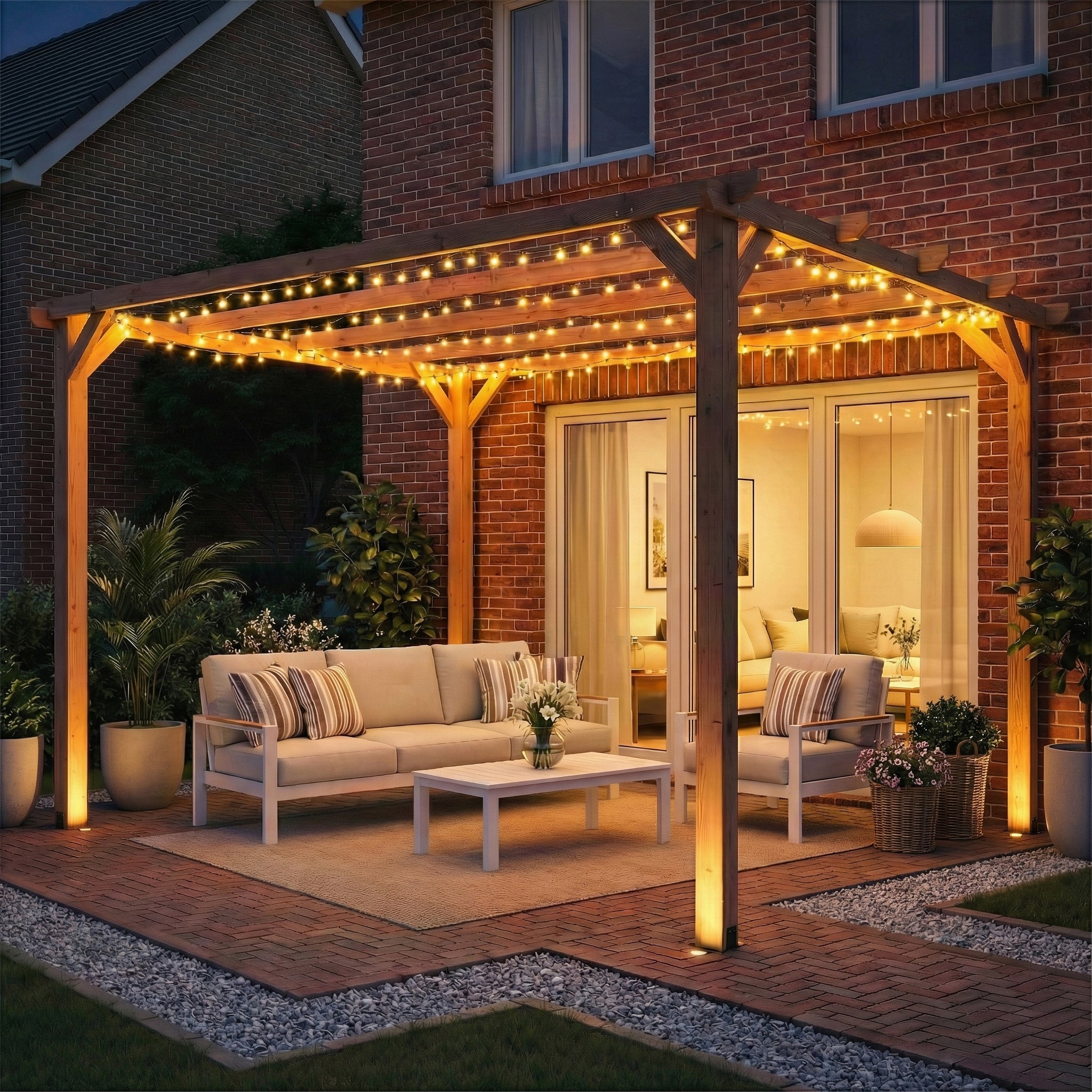 Outsunny 3 x 3 m Wooden Pergola Kit, Garden Pergola Gazebo Grape Trellis with Triangle Supports, 5 Beams, Maple Wood-effect