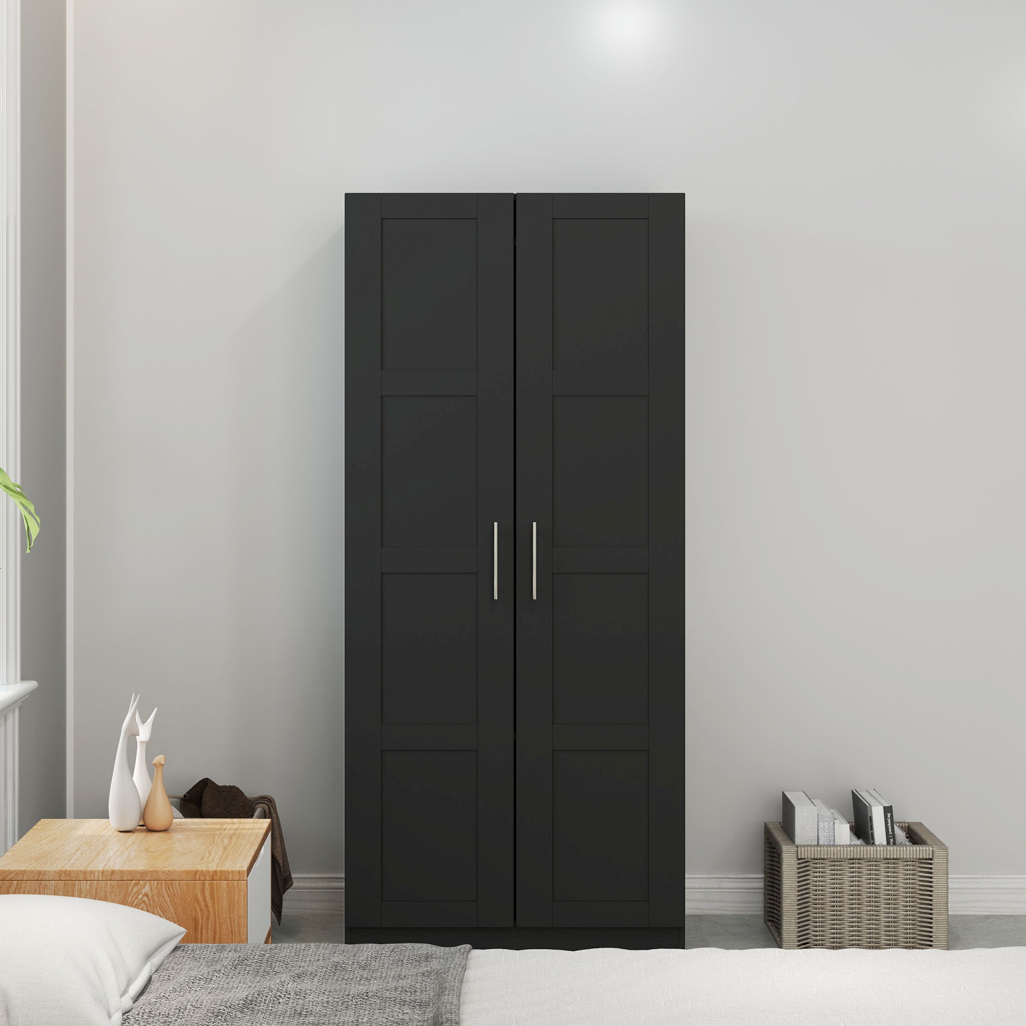 HOMCOM Double Paneled Door Wardrobe, with Shelves - Black - North Peak Garden Furniture