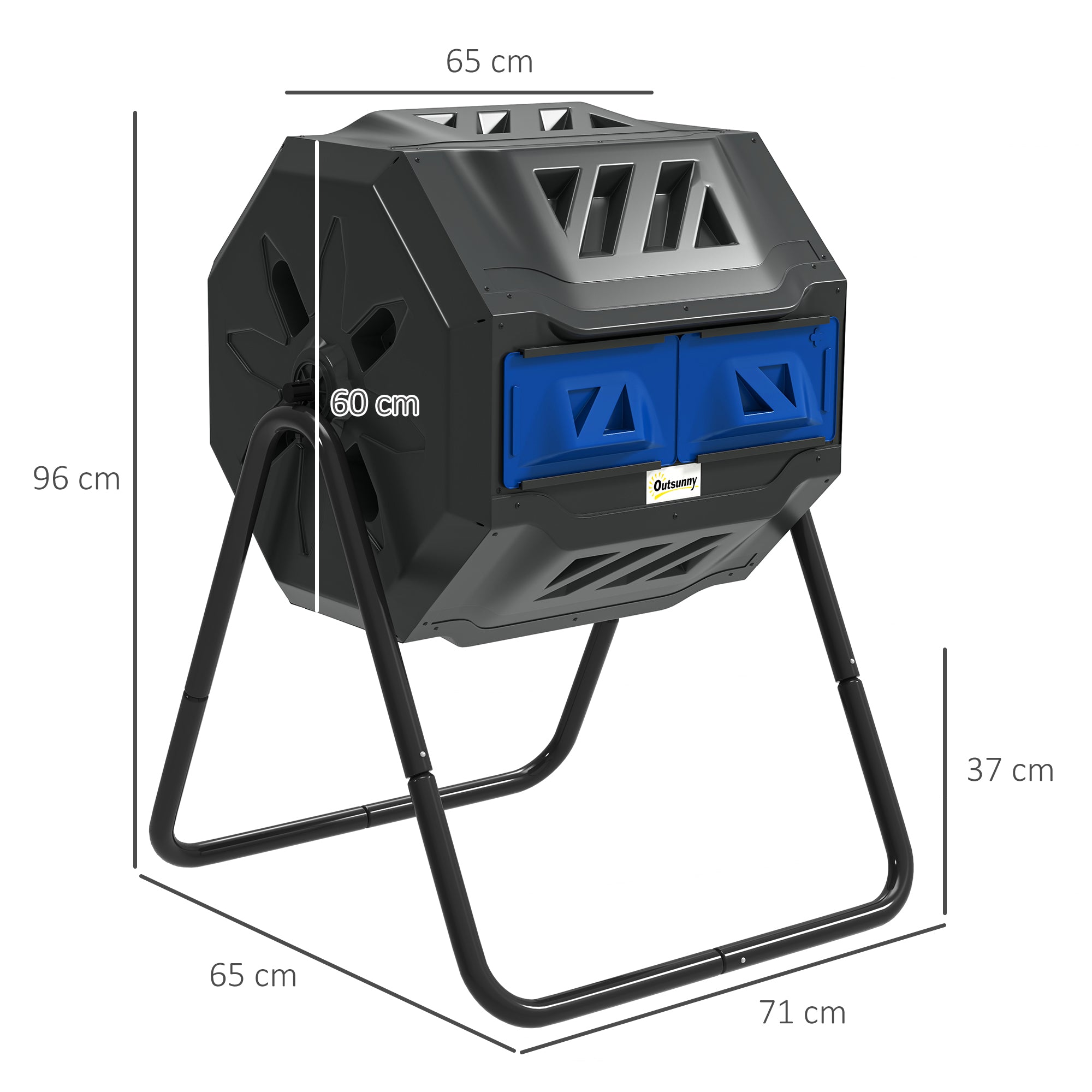 Outsunny 160L Tumbling Compost Bin Outdoor Dual Chamber 360° Rotating Composter, Garden Compost Bin w/ Sliding Doors & Solid Steel Frame, Blue