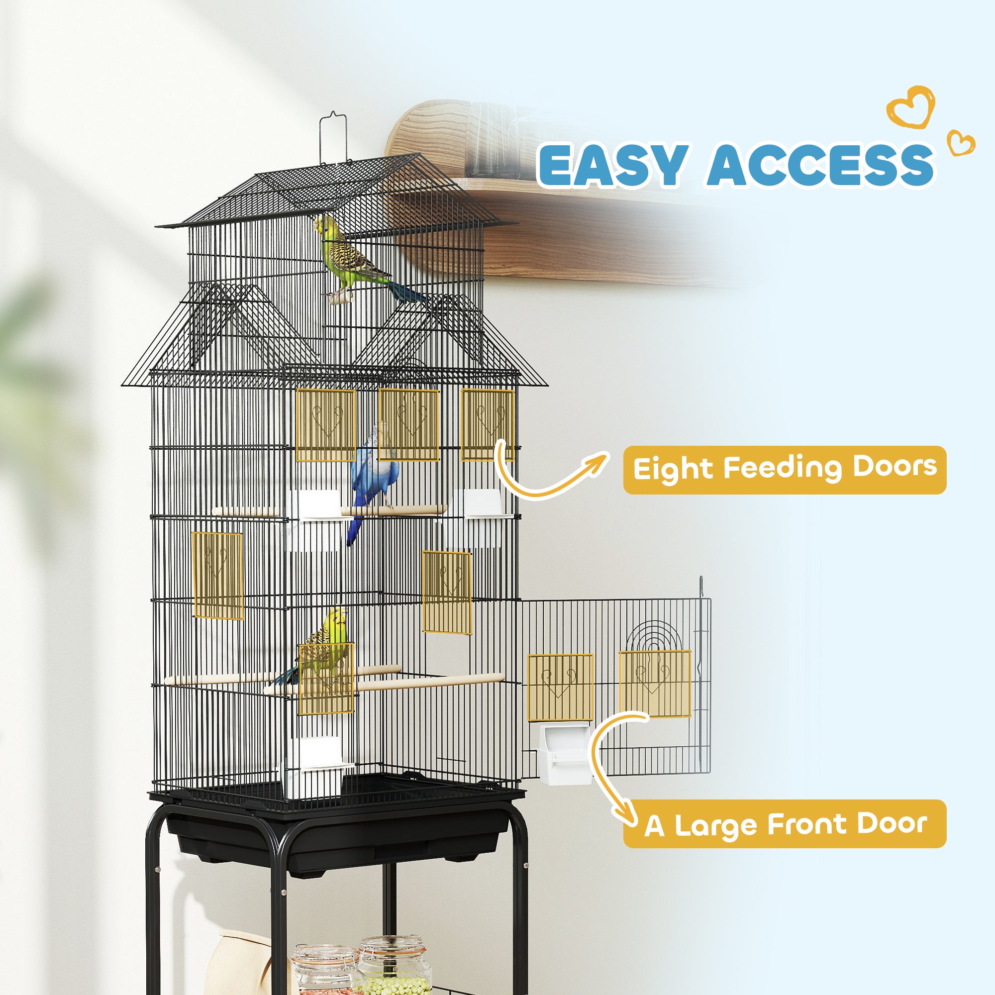 PawHut Metal Bird Cage with Plastic Swing, Perch, Food Container, Tray, Handle, for Finches, Canaries, Budgies, 43 x 32.5 x 163 - North Peak Garden Furniture