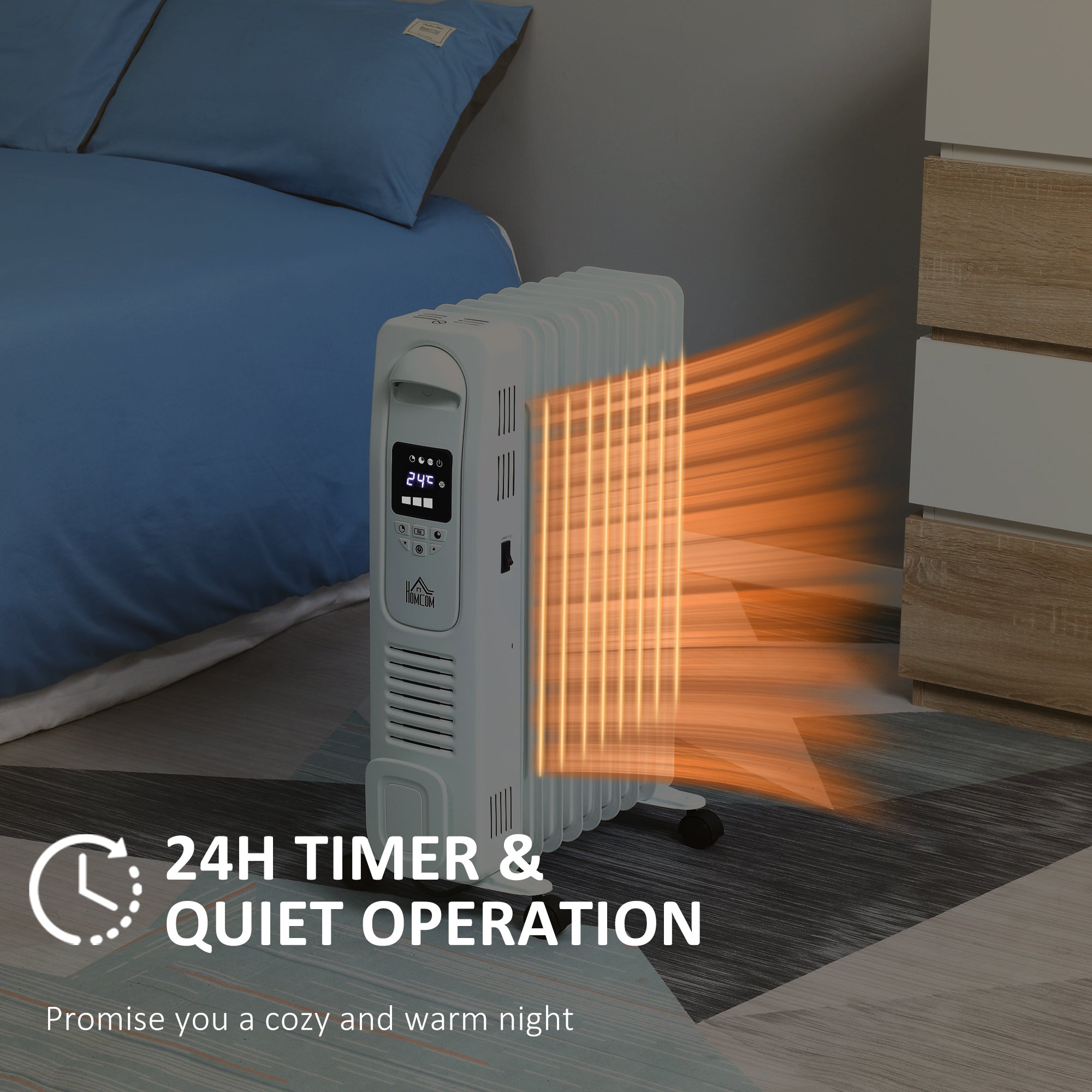HOMCOM 2000W Digital Oil Filled Radiator, 9 Fin, Portable Electric Heater with LED Display, Timer, 3 Heat Settings, Safety Cut-Off and Remote Control, White - North Peak Garden Furniture