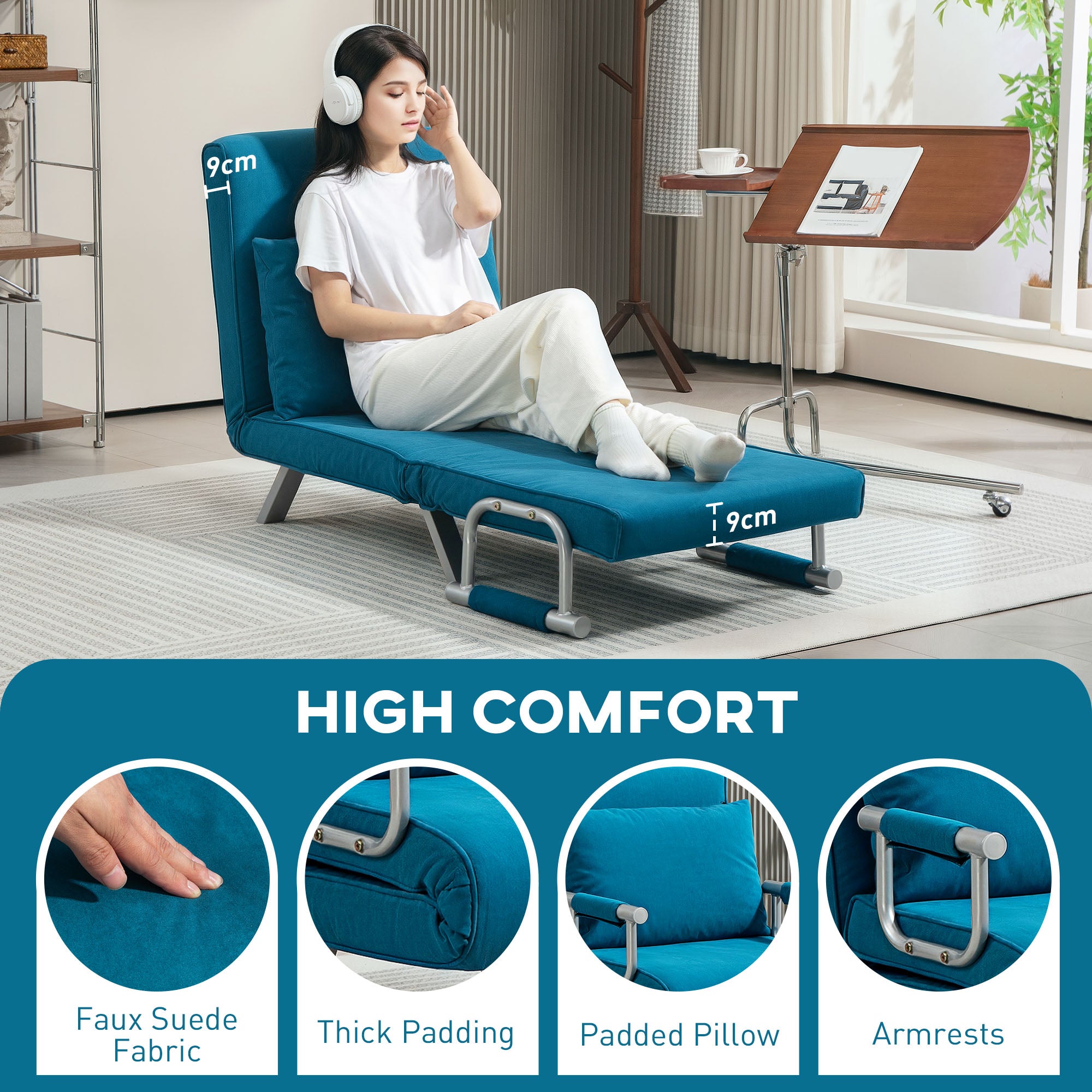 HOMCOM 4-in-1 Faux Suede Chair Bed - Blue - North Peak Garden Furniture