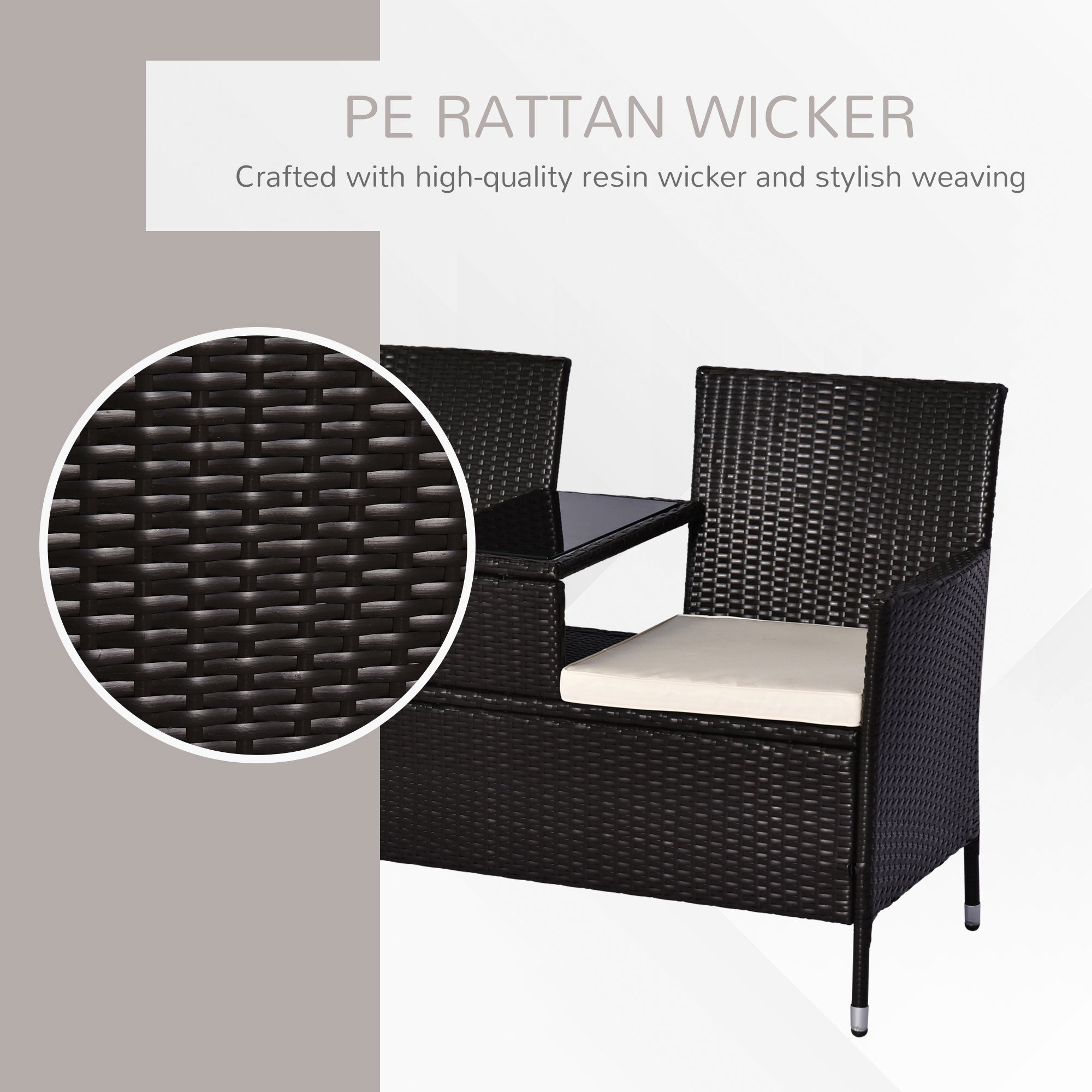 Outsunny 2 Seater Rattan Campanion Chair Wicker Loveseat Outdoor Patio Armchair with Drink Table Garden Furniture - Dark Brown - North Peak Garden Furniture