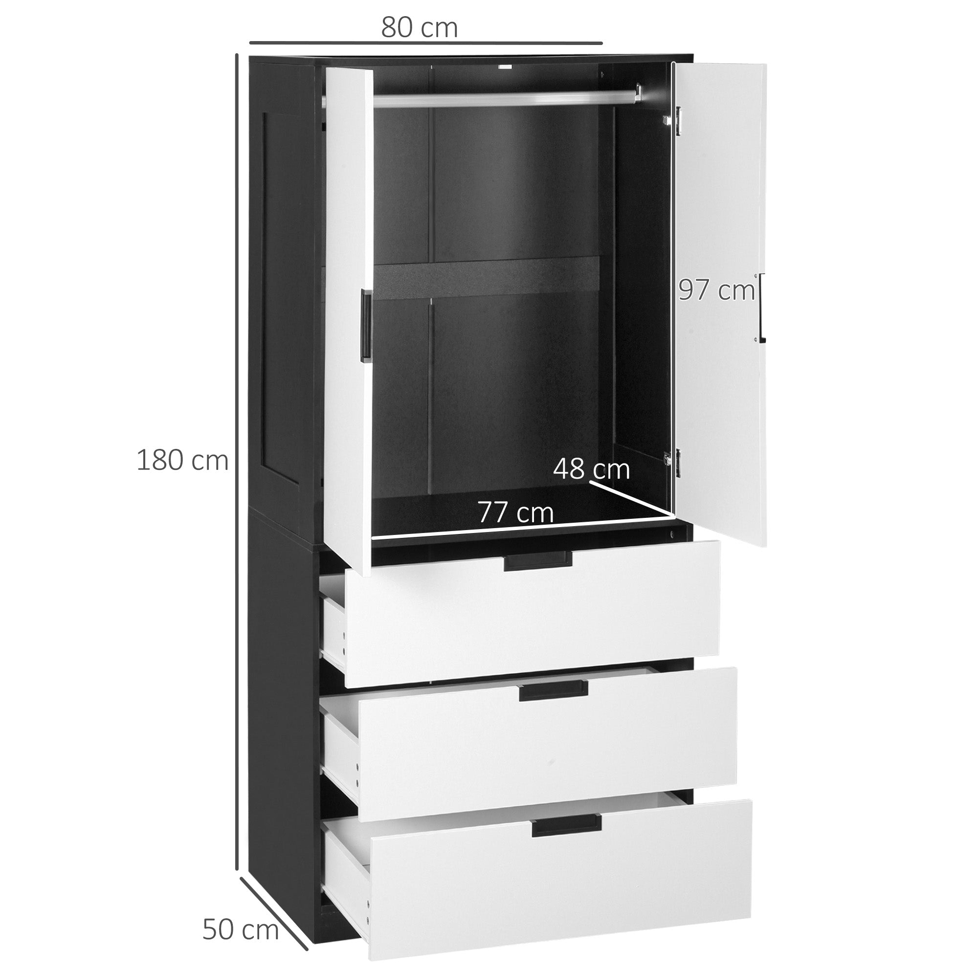 HOMCOM 2 Door Wardrobe, Modern Wardrobe with 3 Drawers and Hanging Rod for Bedroom, Black - North Peak Garden Furniture