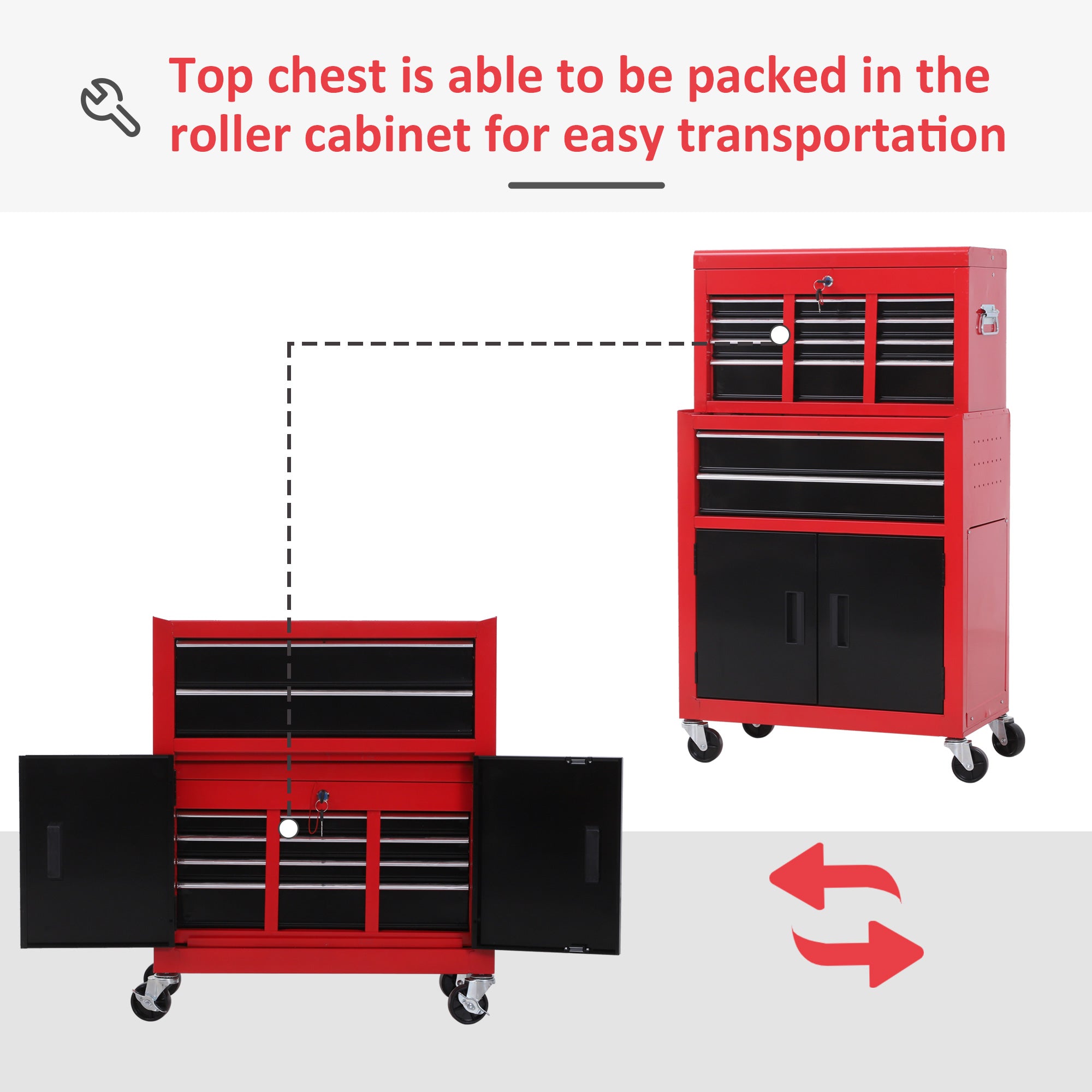 HOMCOM Tool Chest, Metal Tool Cabinet on Wheels with 6 Drawers, Pegboard, Top Chest and Roller Cabinet Combo, 61.6 x 33 x 108cm, Red - North Peak Garden Furniture